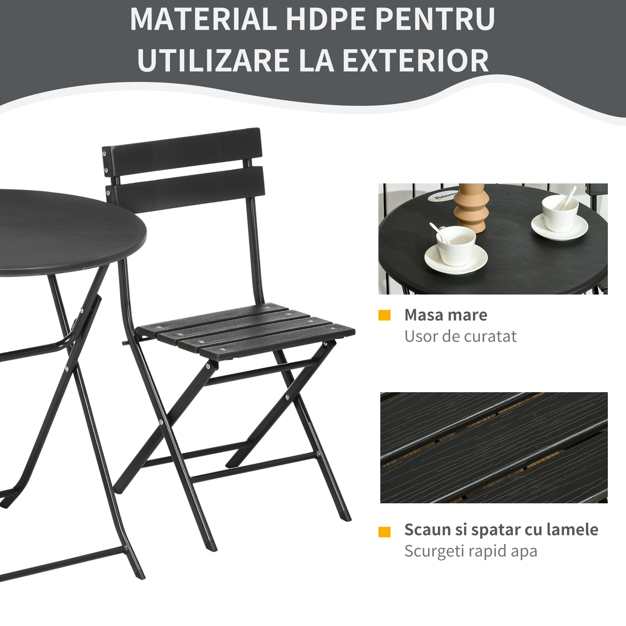  Set de Gradina  3 Piese cu 2 Scaune si Masa Pliabile din Otel si HDPE pentru Balcon si Terasa, Gri Inchis [5]