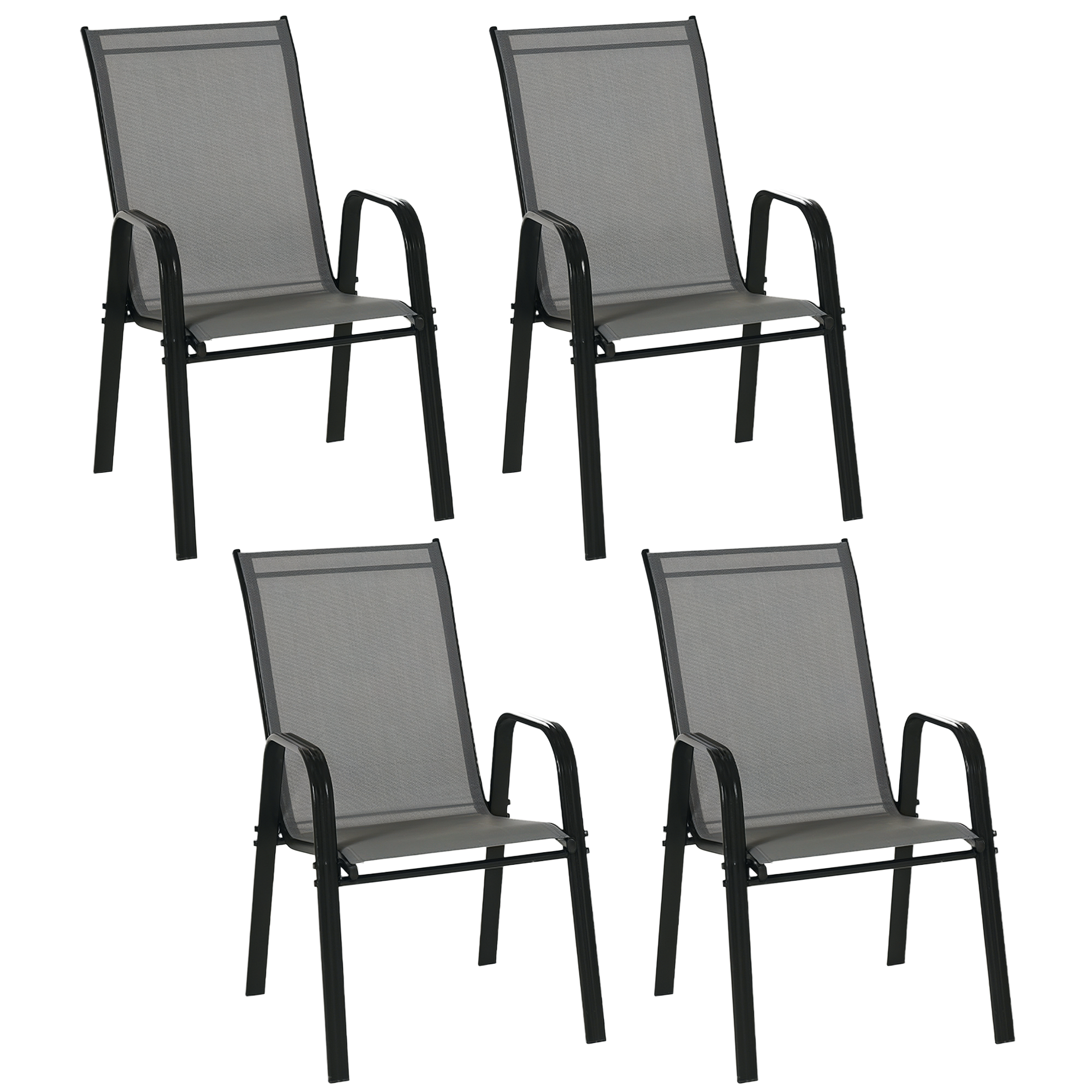 Gradina & balcon -  Set de 4 Scaune de Gradina Stivuibile, Scaune de Exterior cu Cotiere din Metal si tesatura Respirabila, 54x75.5x95 cm, Gri