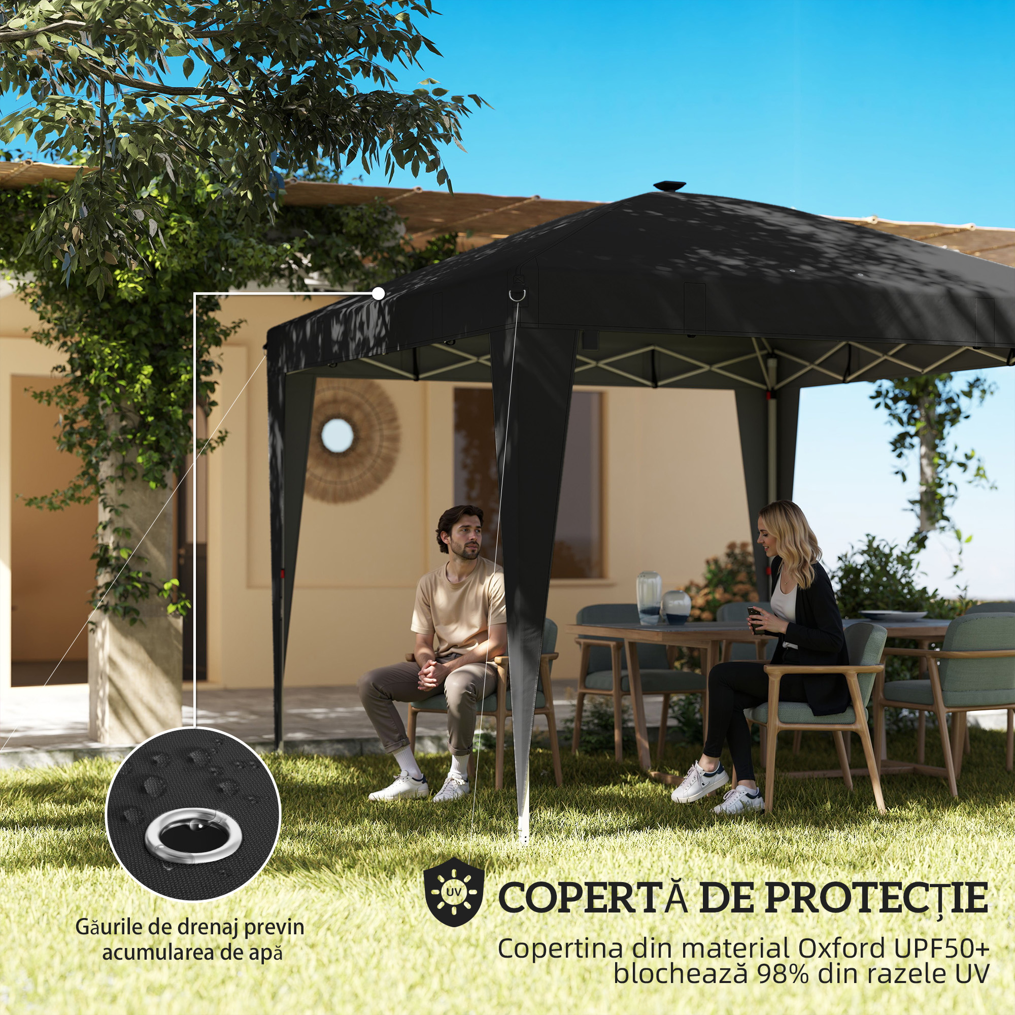  Gazebo 3x3 m Pliabil Pop Up cu inaltime Reglabila, UV50+, Gazebo de Gradina cu Lumina Centrala si USB, Telecomanda, Geanta de Transport, pentru Exterior, Camping, Petreceri, Negru [4]