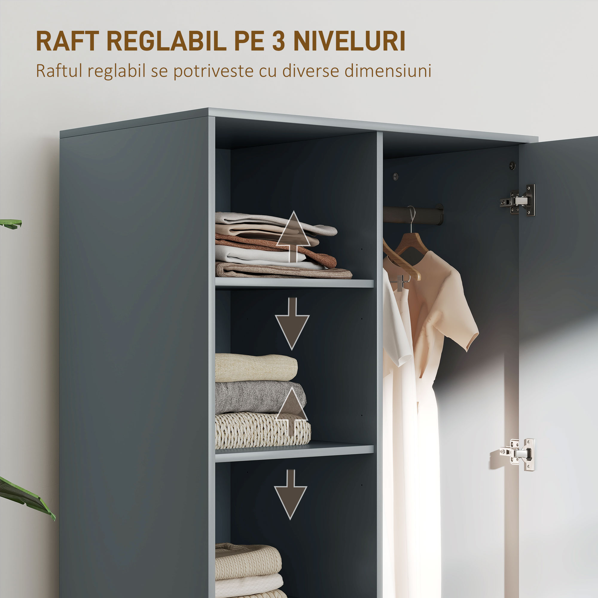  Dulap cu 2 Sertare, Rafturi Deschise si Bara Umerase, Gri [4]