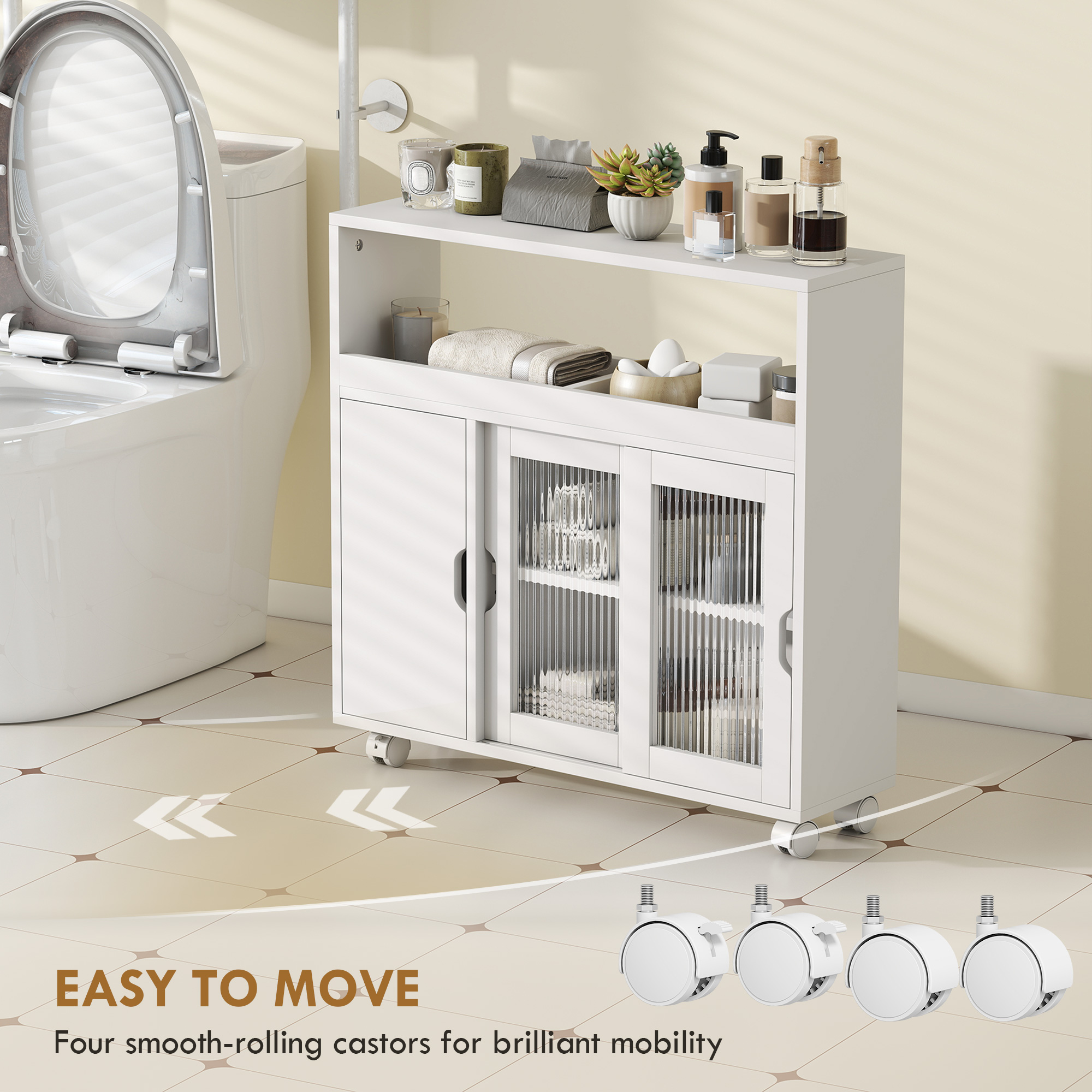  Dulap pentru Baie pe Rotile din Lemn cu Spatiu Deschis, Rafturi Reglabile si Usi din Sticla, 71x20x70 cm, Alb [5]