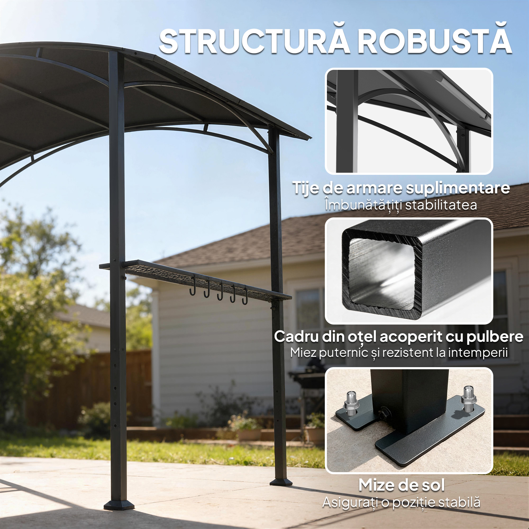  Gazebo pentru Gratar 2.5x1.5 m, Pergola pentru Gratar cu 2 Rafturi Laterale si Carlige, Cadru din Otel si Acoperis din Poliester pentru Gradina, Gri inchis [4]