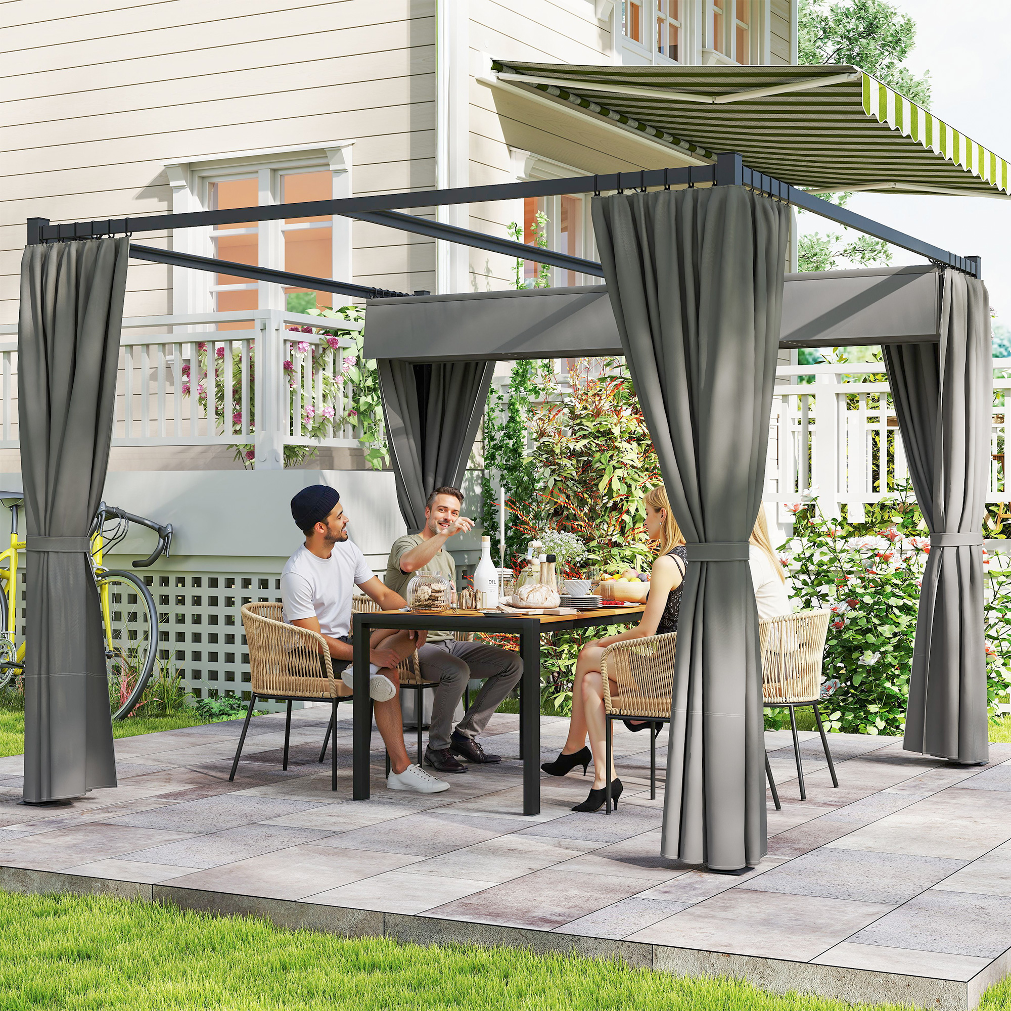 Pergola de Gradina cu Acoperis Retractabil si Draperii, din Metal si Poliester, 300x300x227 cm, Gri Deschis [1]