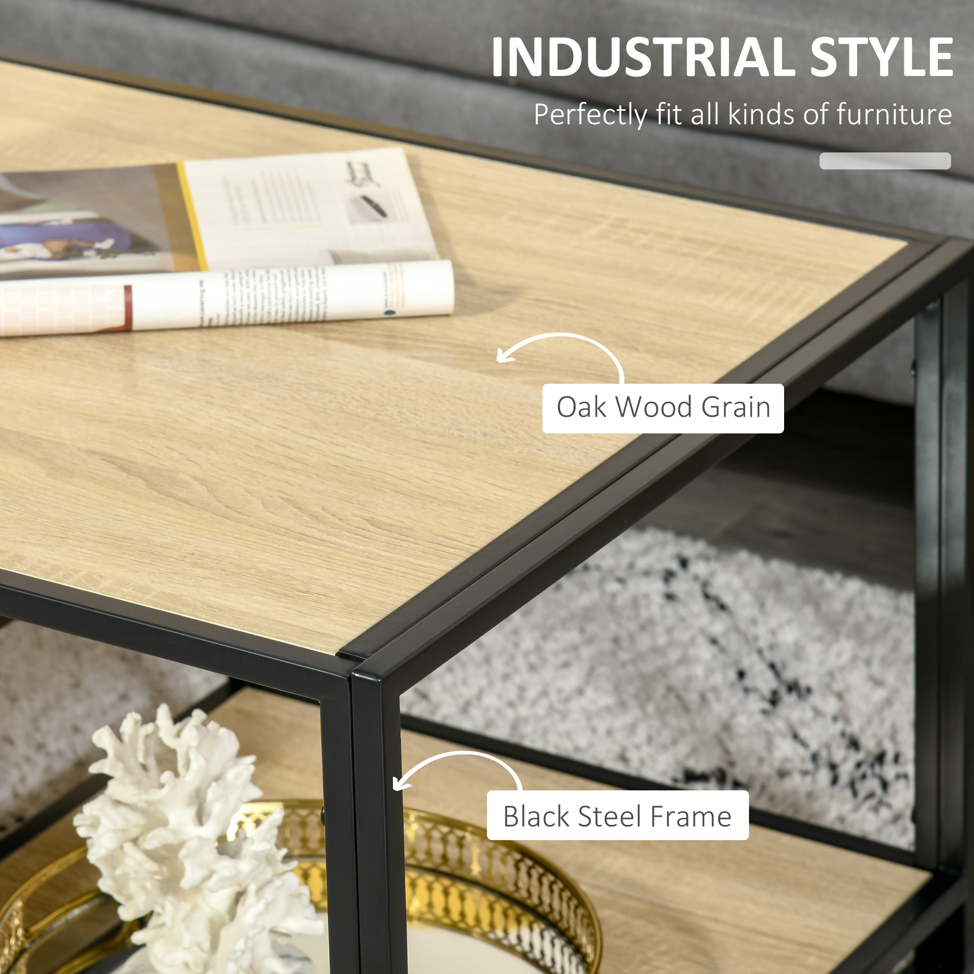  Masuta de Cafea Stil Industrial cu 3 Etajere, din MDF si Otel, 120x60x46cm - Lemn [5]