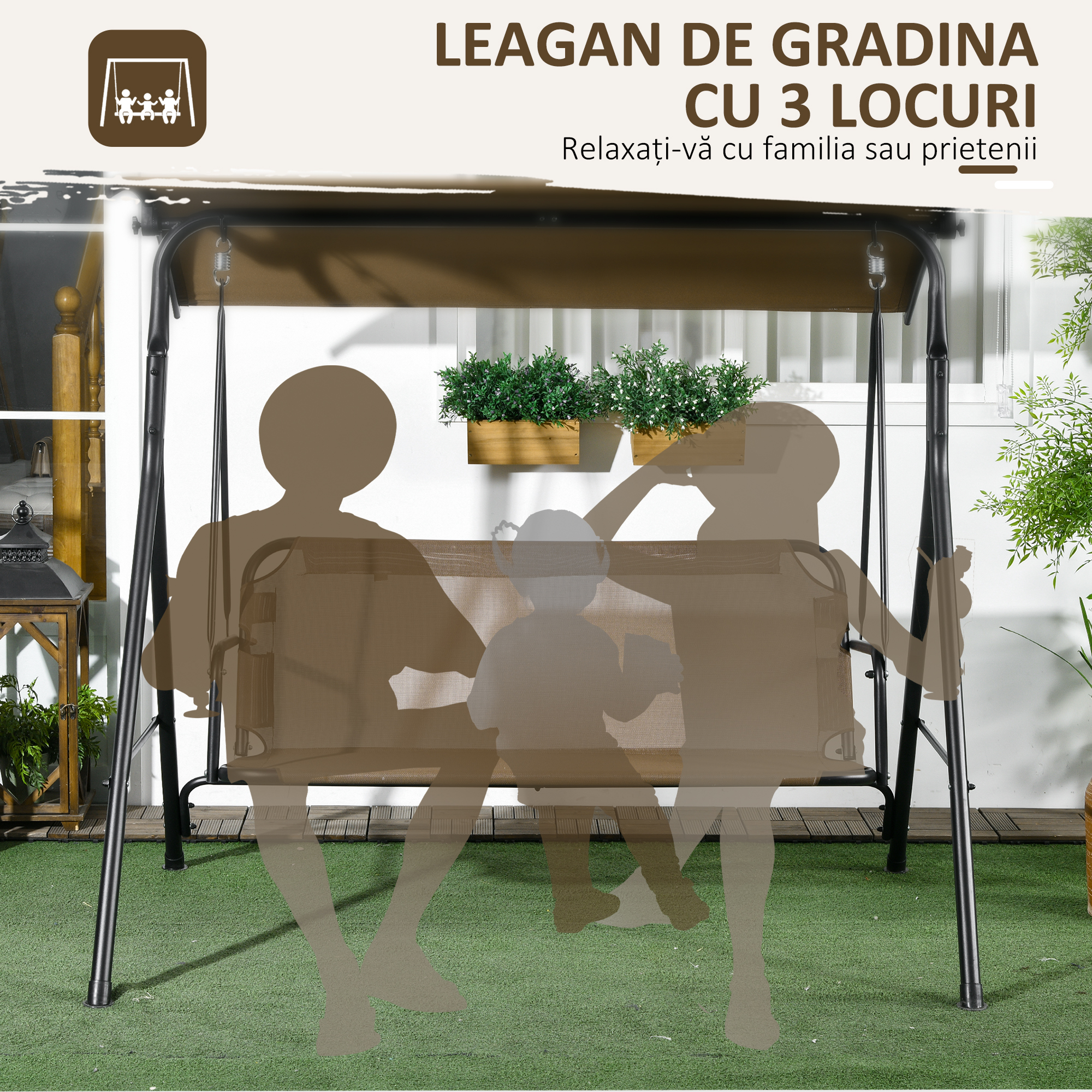  Balansoar de Gradina cu 3 Locuri si Parasolar Reglabil, 172x110x153 cm, Maro [5]