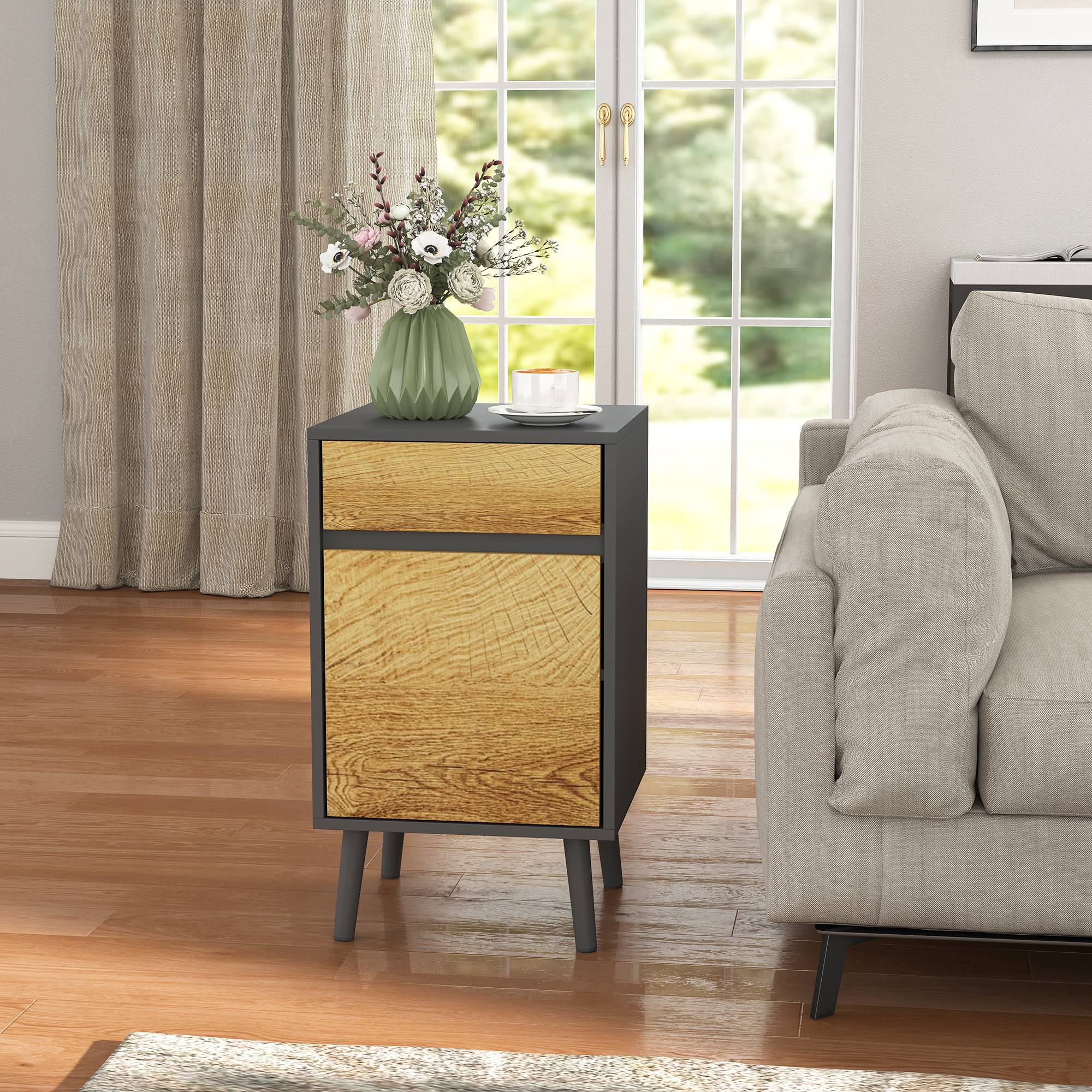  Noptiera Moderna cu Sertar si Dulapior fara Manere Gri inchis [7]