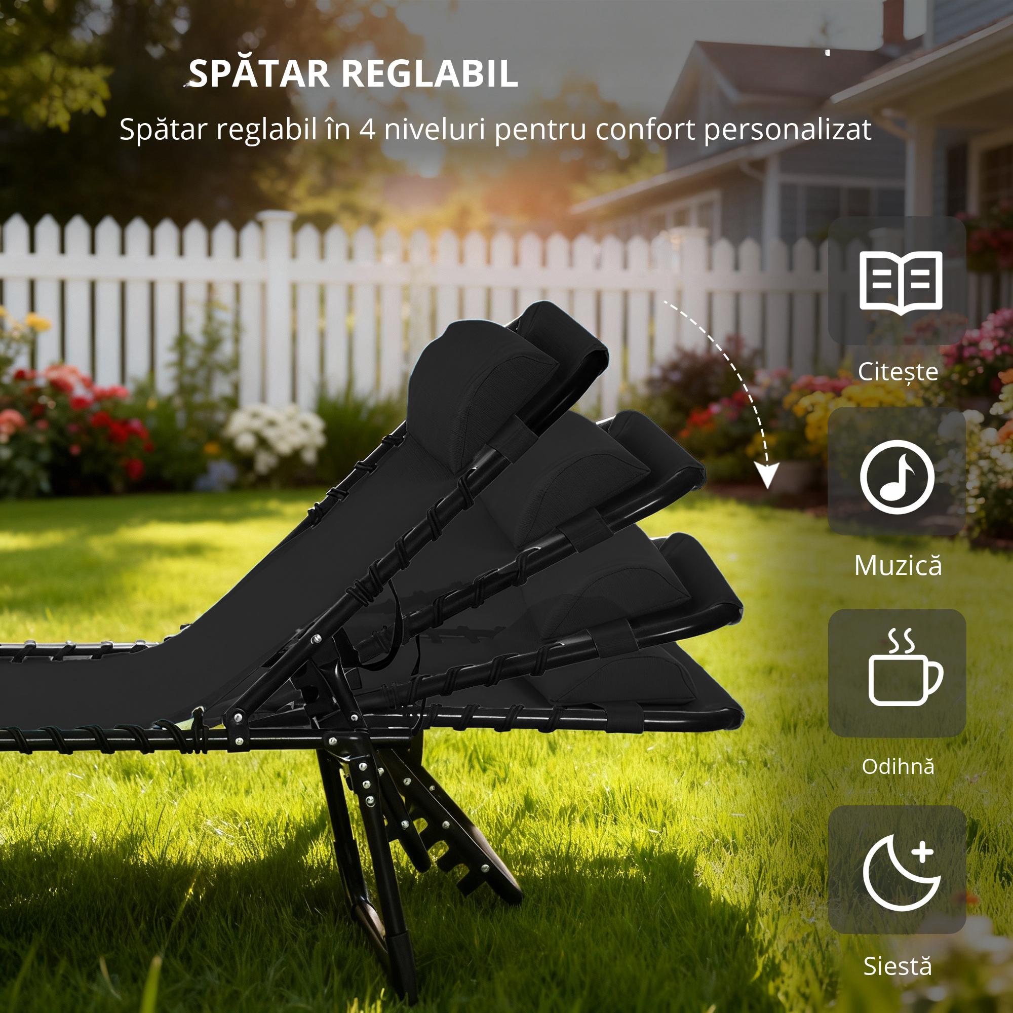 Sezlong Portabil din Otel si Tesatura tip Plasa Respirabila cu Spatar Rabatabil in 4 Pozitii, 189x58x30 cm, Negru [6]