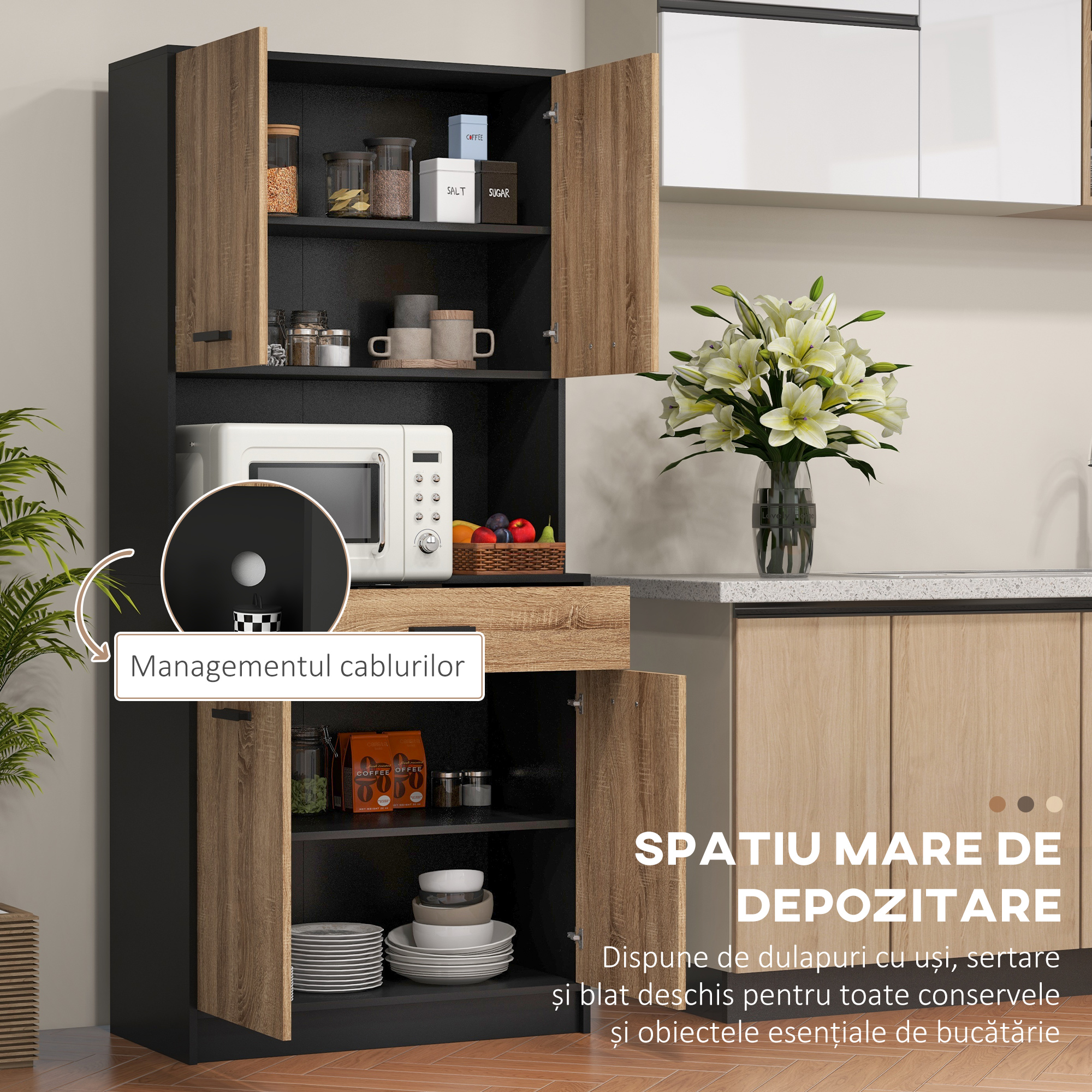  Bufet de Bucatarie din Lemn cu 2 Dulapuri cu Usi Duble si Sertar, 80x40x180 cm, Negru si culoare Lemn [3]