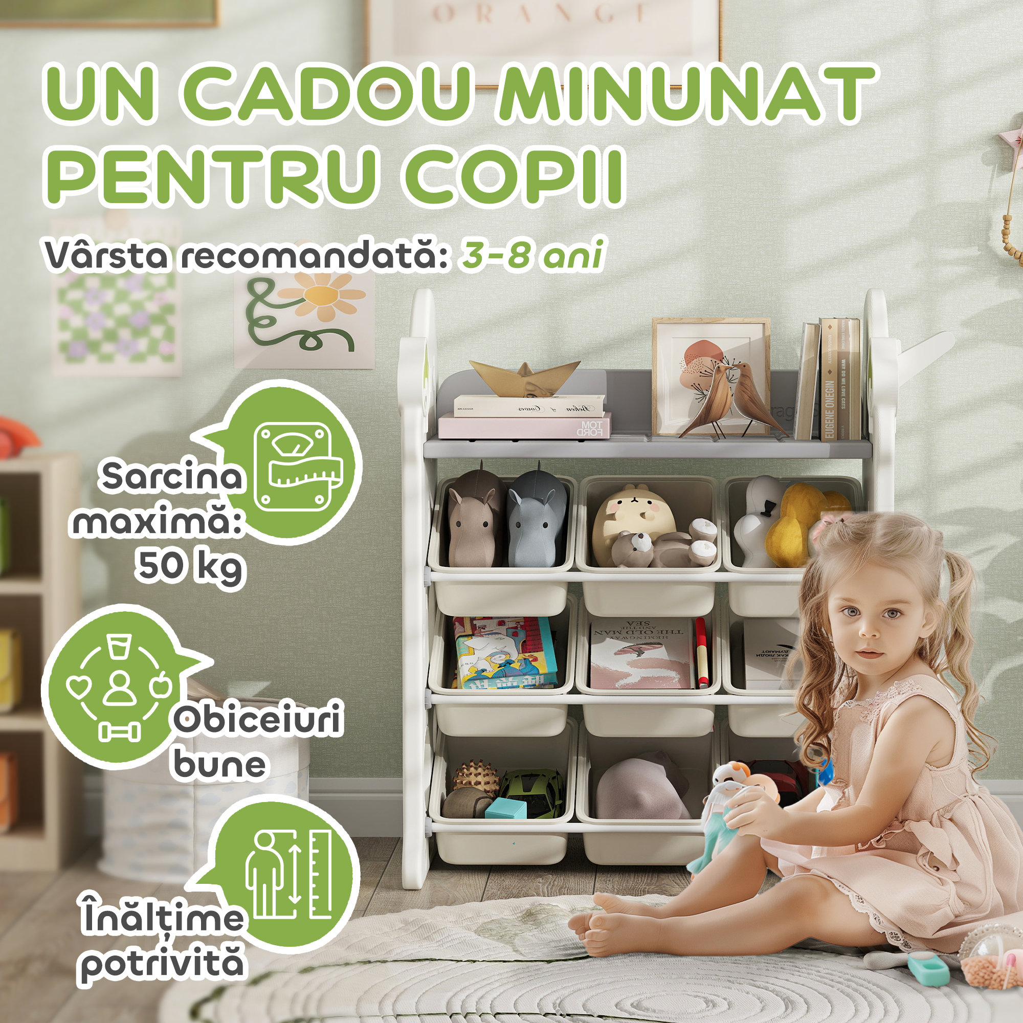  Etajera pentru Copii, Organizator de Depozitare Jucarii cu 4 Niveluri si 9 Cosuri, 77x42x94 cm, Crem Alb [4]