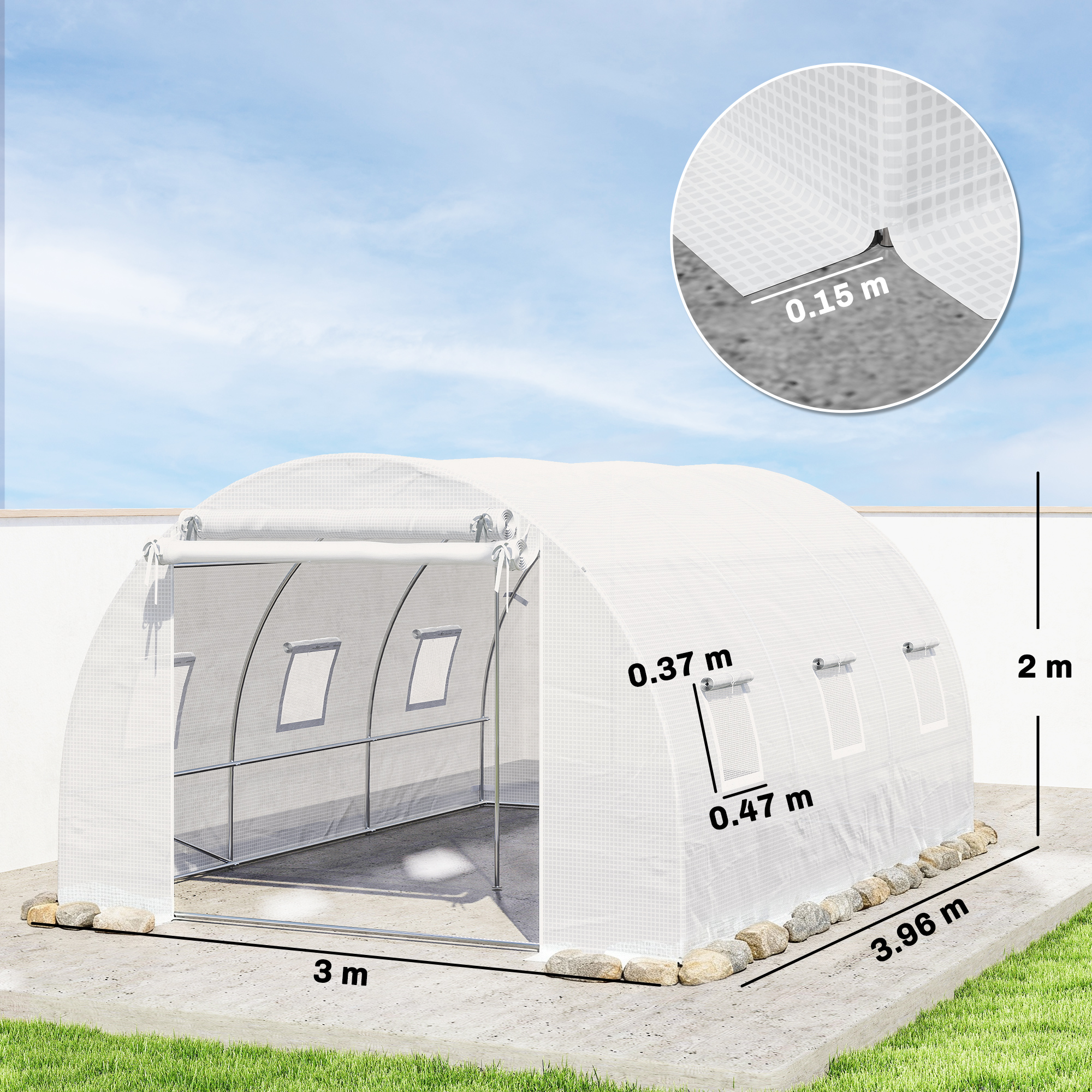  Sera tip tunel cu 2 bare detasabile si usi si ferestre cu plasa, din otel galvanizat si polietilena, 396x300x200 cm, alb [2]