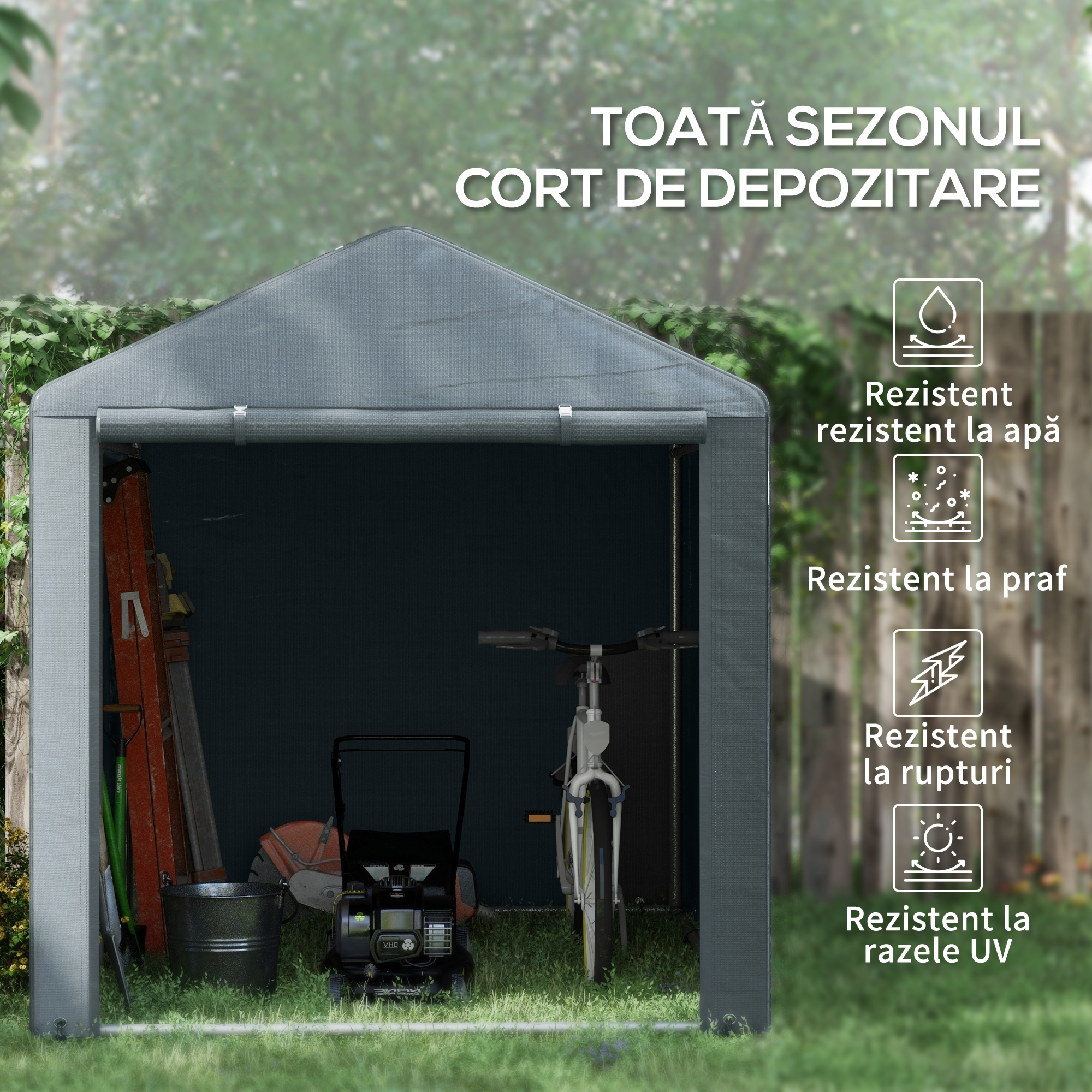  Garaj pentru Motociclete, Bicilete sau Unelte de Exterior cu Intrare cu Fermoar, 160x218x172 cm, Gri inchis [3]