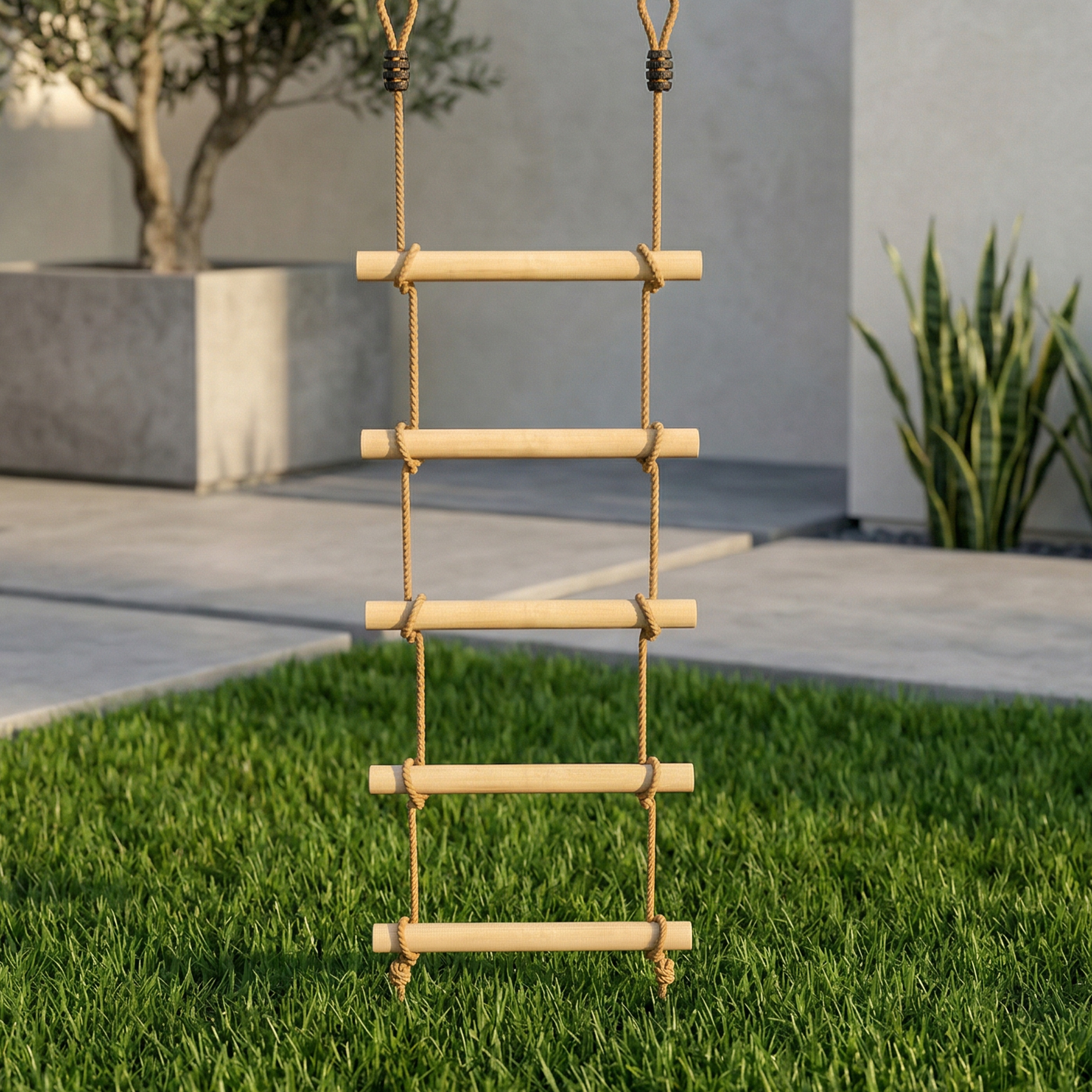  Scara de Franghie 1,8m, Accesorii pentru Leagane, Franghie pentru Parc de Joaca Exterior, Catarare cu 5 Trepte pentru Copii cu 2 Carabiniere si 2 Curele pentru Copaci [8]