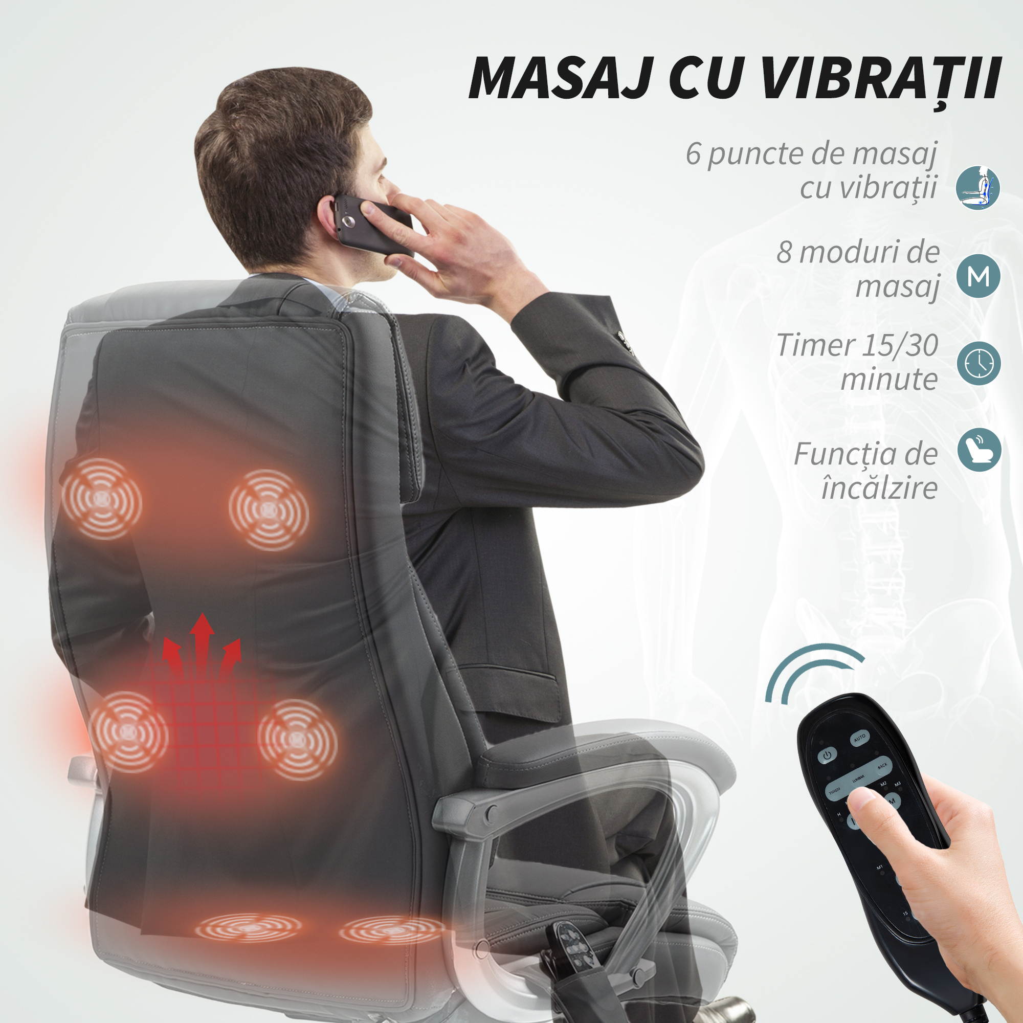  Scaun de Birou cu Masaj in 6 Puncte, Vibrant si inclinabil, cu Buzunar si Telecomanda, 66x72x113-121 cm, Gri [3]