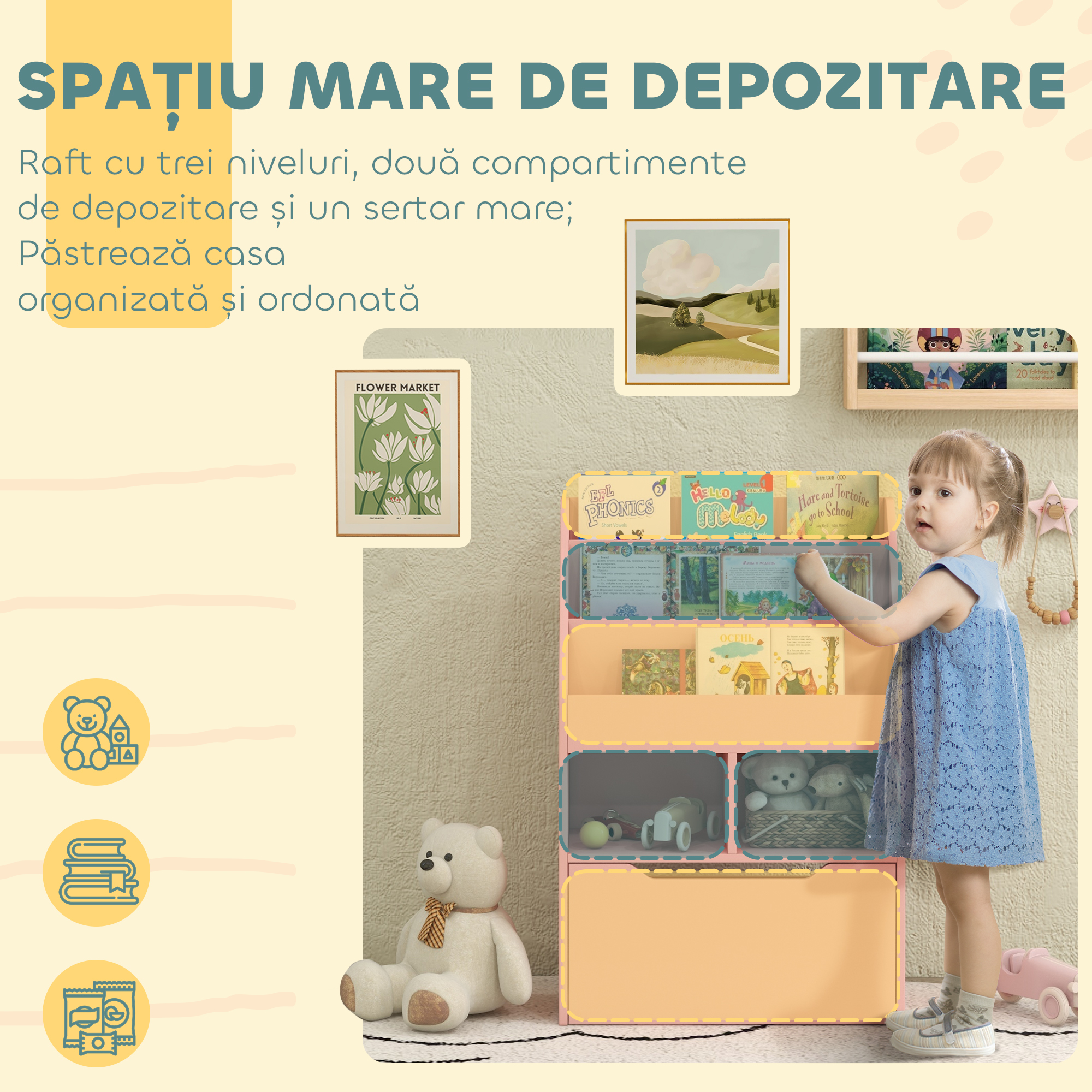  Mica Biblioteca pentru Copii cu Rafturi si Sertar din MDF, 60x29.9x90cm, Roz [3]