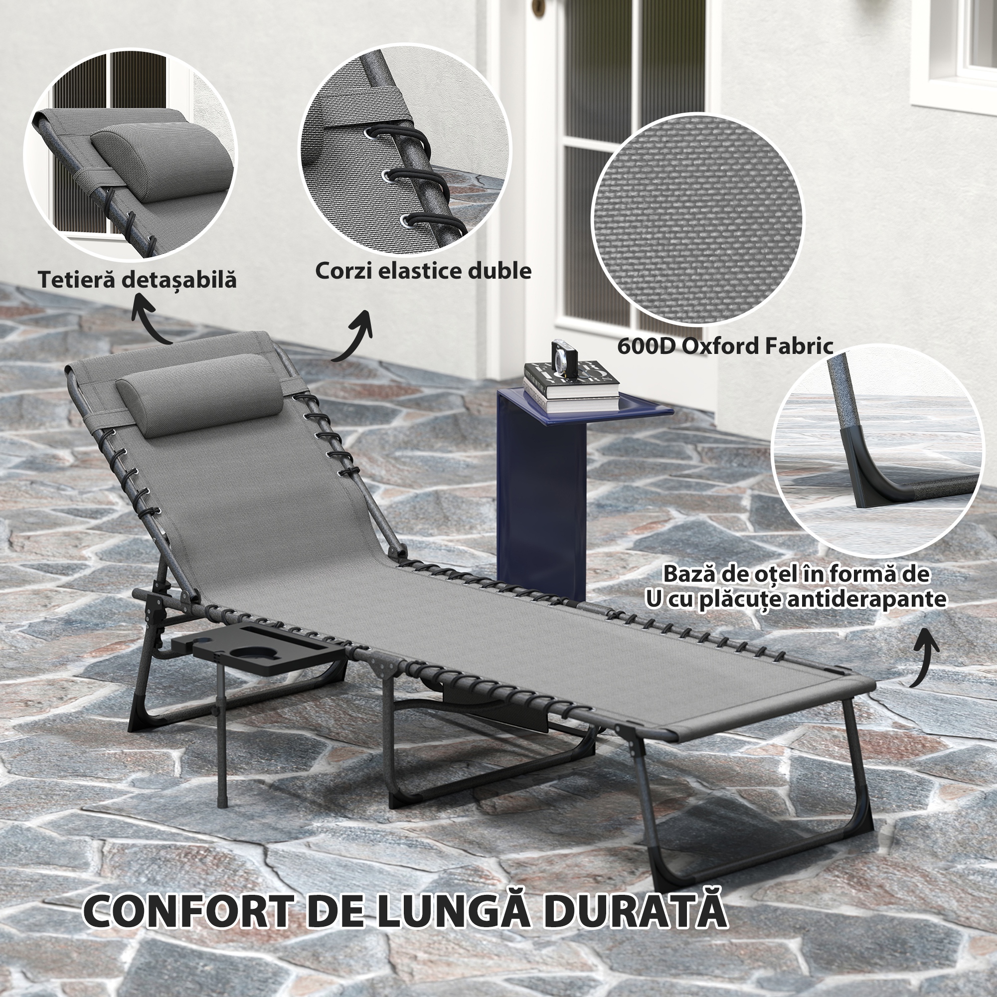  sezlong de Gradina Pliabil si Reglabil in 5 Pozitii cu Masuta Laterala, 60x190x31 cm, Gri [4]