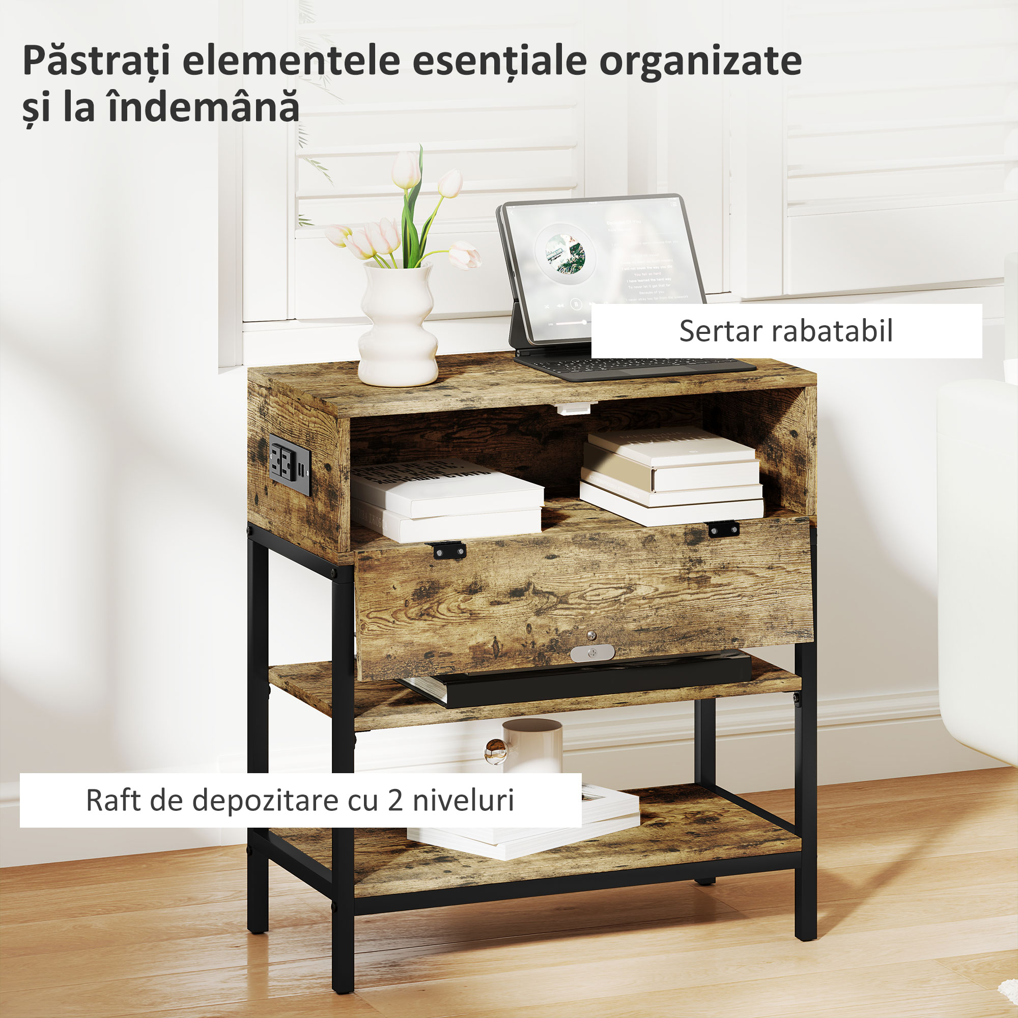  Masuta de Canapea cu Sertar si 2 Rafturi in Stil Industrial, din Lemn si Metal, 60x30x66.5 cm, Negru si Maro [4]