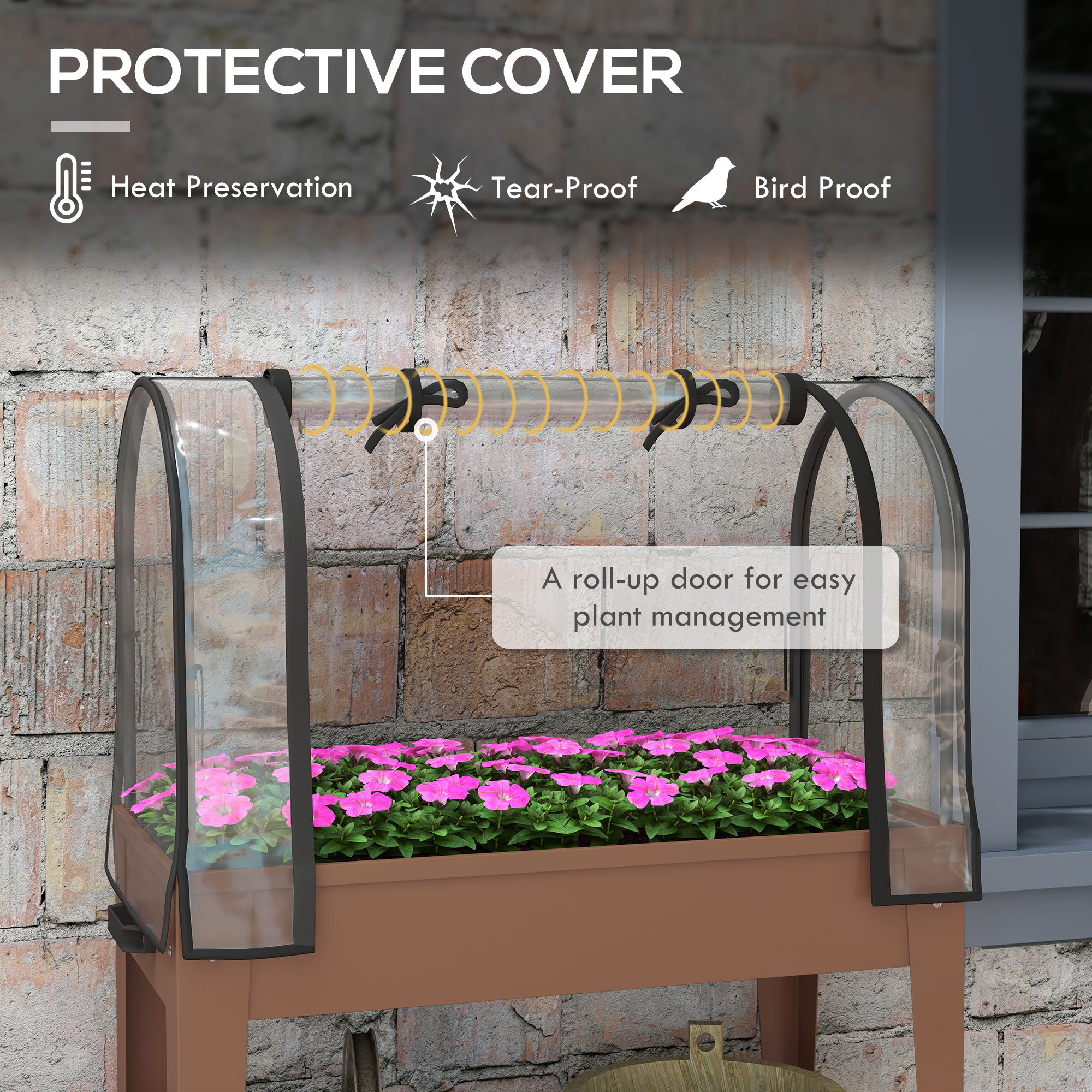  Furca de gradina inaltata cu mini sera pentru plante, roti si raft, 80x40x120cm, maro [3]