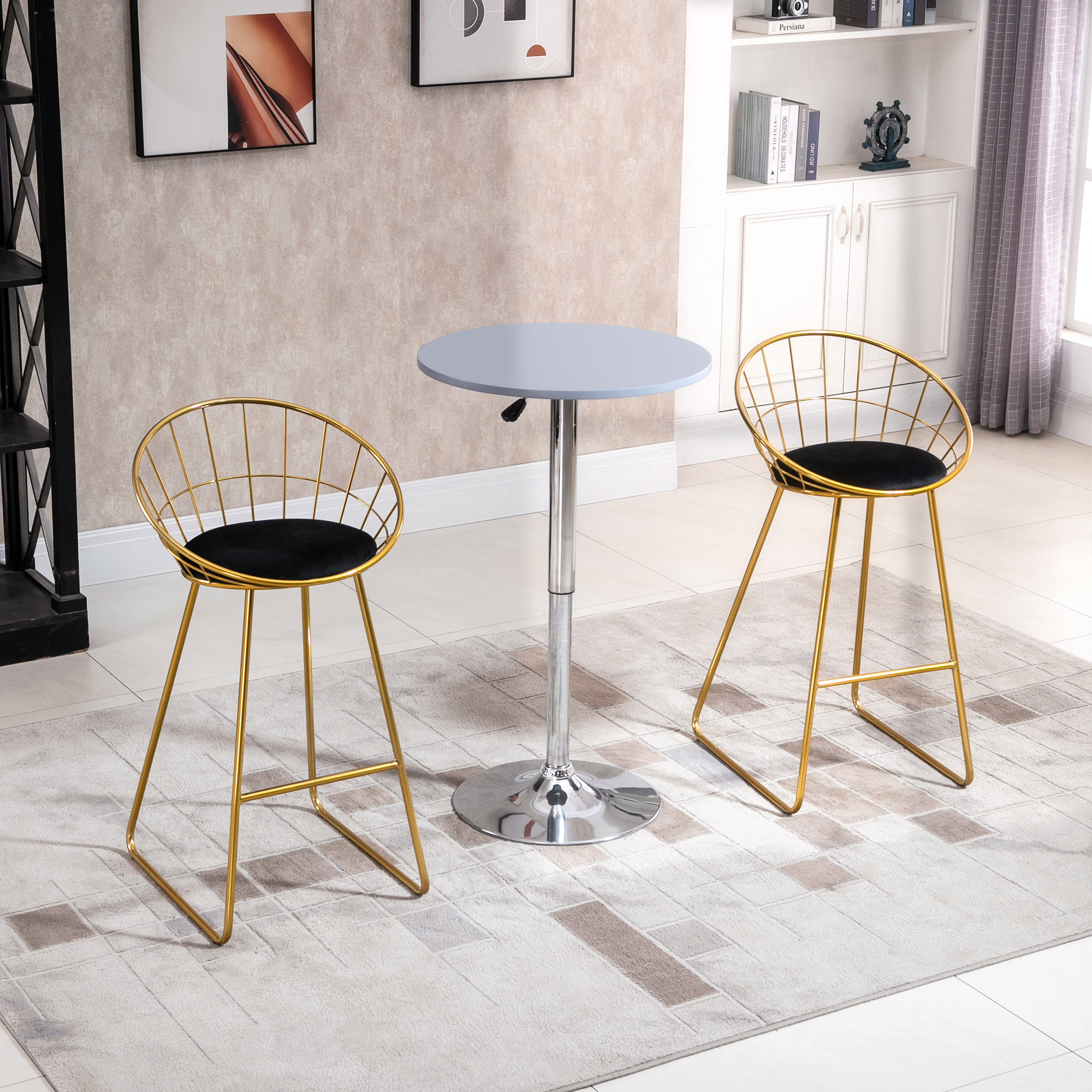  Set 2 Scaune Inalte, Suport pentru picioare, Perna de catifea, Poliester/Metal, 52.5x47x97cm, Negru/Auriu [1]