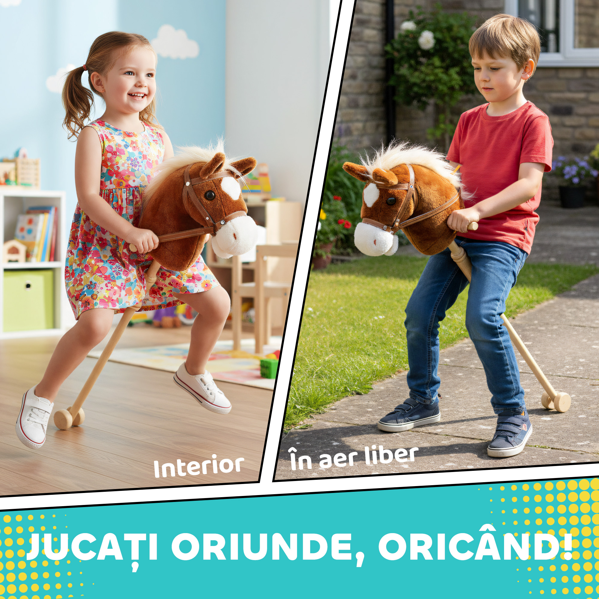  Cal cu Bat si Sunete Realiste pentru Copii 24+ Luni, din Poliester si Lemn, 95x25x27 cm, Maro [5]