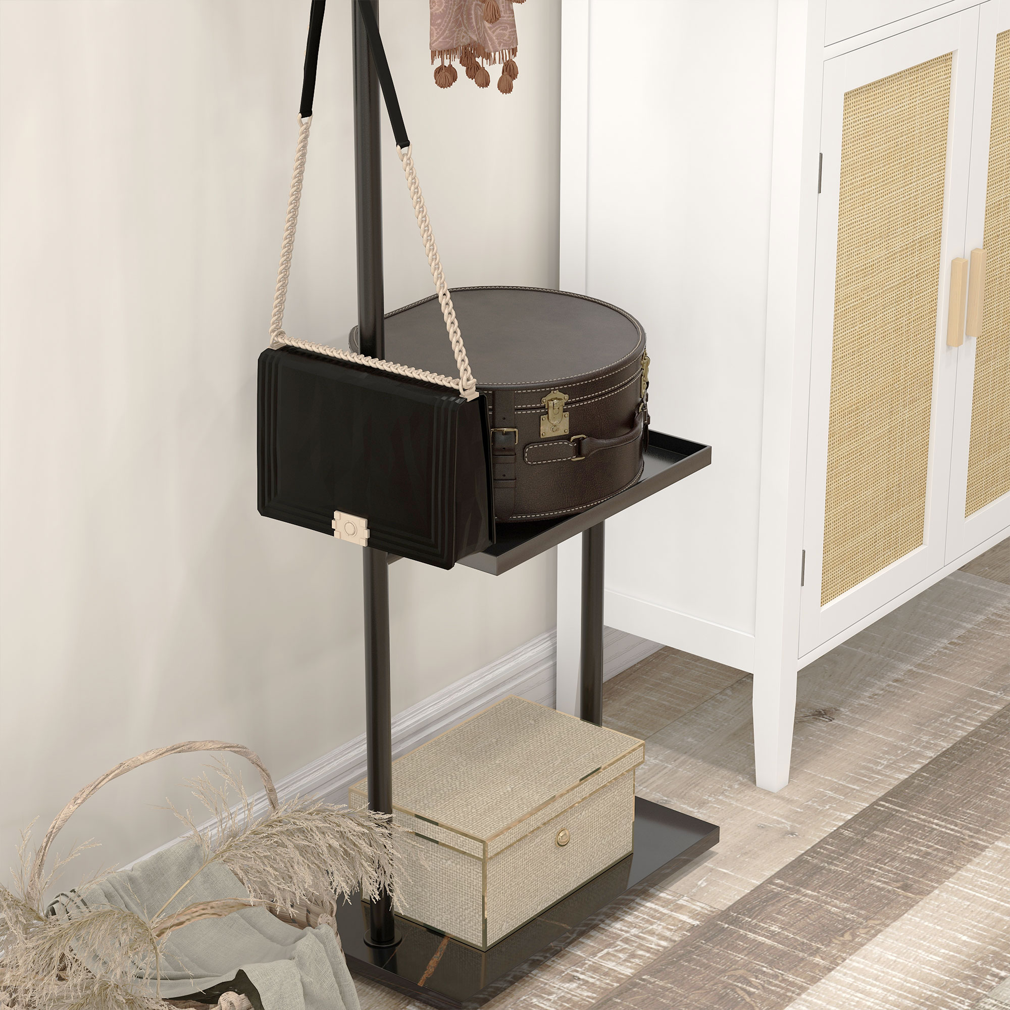  Cuier de Podea in Forma de C cu 3 Carlige, Baza din piatra si Picioare Antiderapante, 45x28x148 cm, Negru [6]