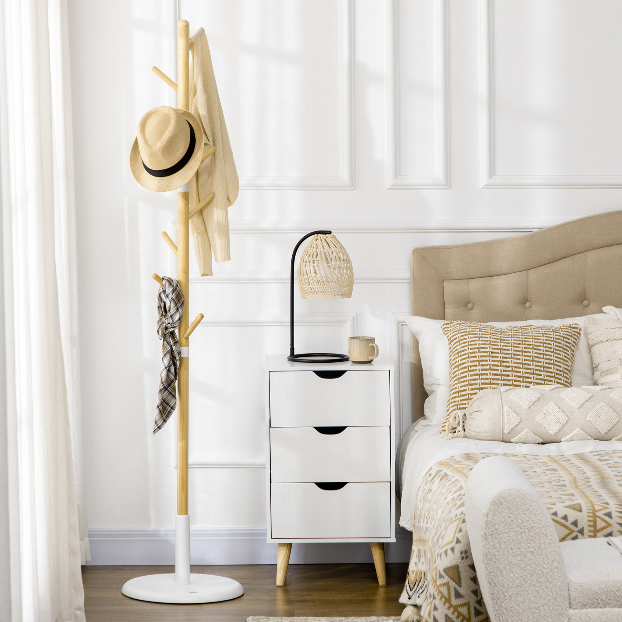  Cuier Vertical cu 8 Carlige cu Baza Rotunda din Bambus, Lemn si Metal, Ø37,8x175,6 cm, Lemn Natural [6]