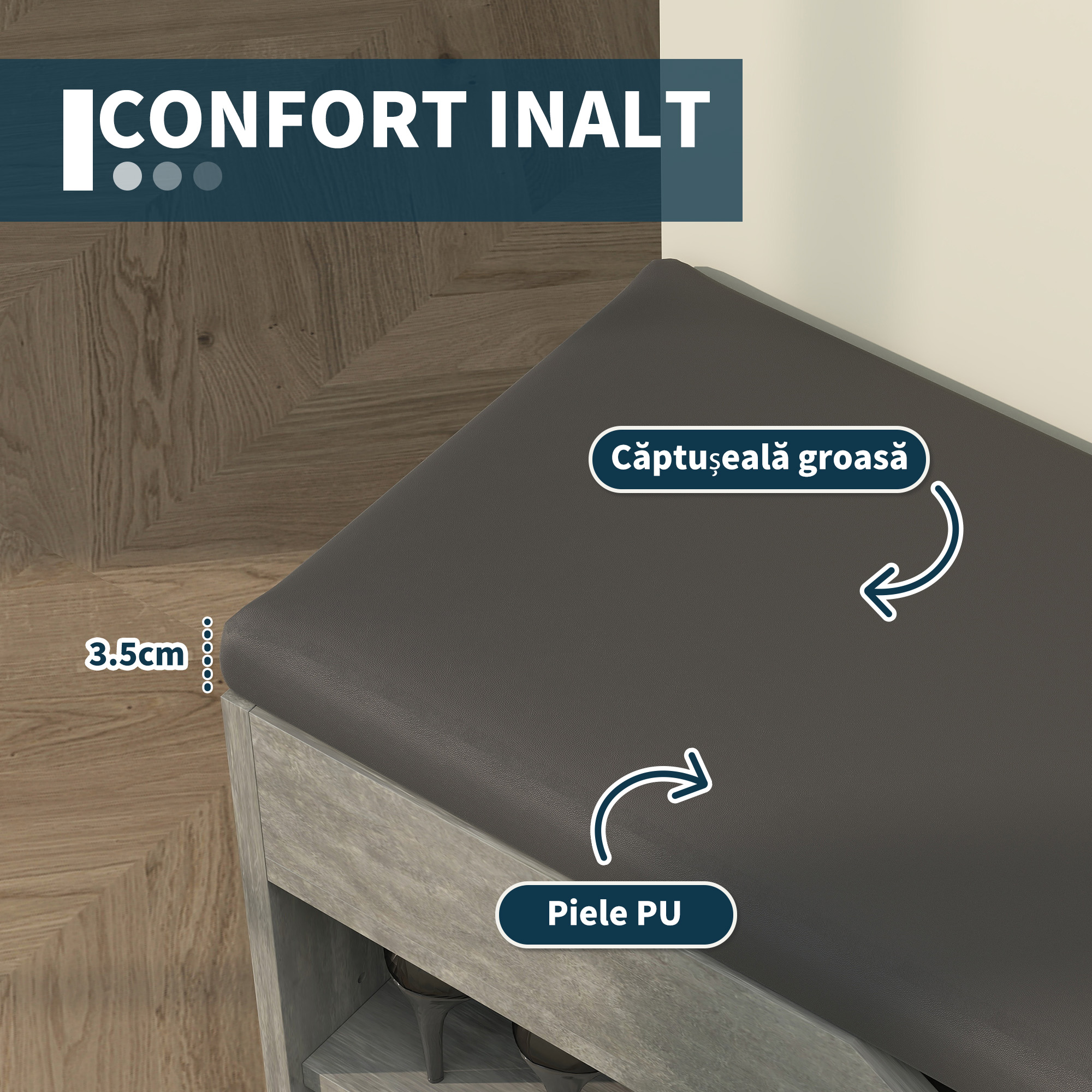  Banca pentru incaltaminte cu 3 Rafturi Deschise, Spatiu Ascuns si Perna Capitonata, 80x30x45 cm, Gri [3]