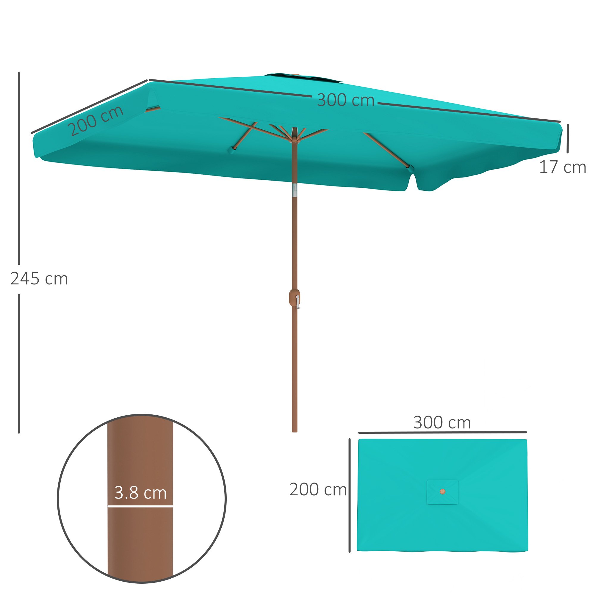  Umbrela de Gradina 2x3 m cu Manivela, Inclinabila si Anti-UV 50+, Turcoaz [2]