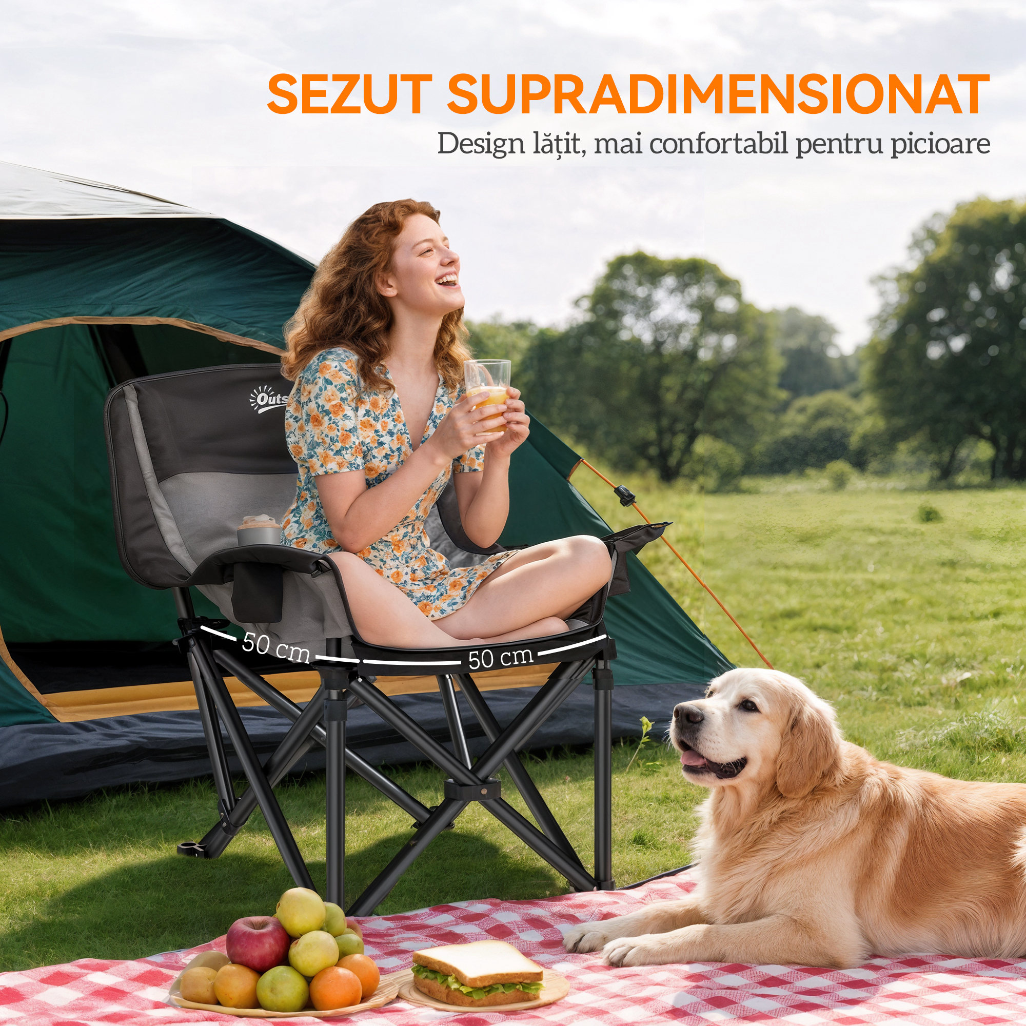  Scaun de Camping Pliabil cu 2 Suporturi pentru Pahare si Buzunare Laterale, 99x71x103 cm, Gri [4]