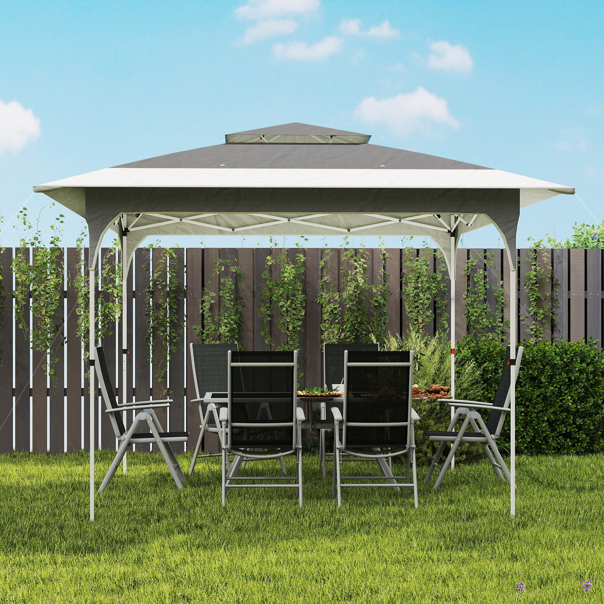  Pavilion Pop-Up pliabil 3.5x3.5 m cu acoperis dublu si geanta, din metal si material Oxford, gri inchis [8]