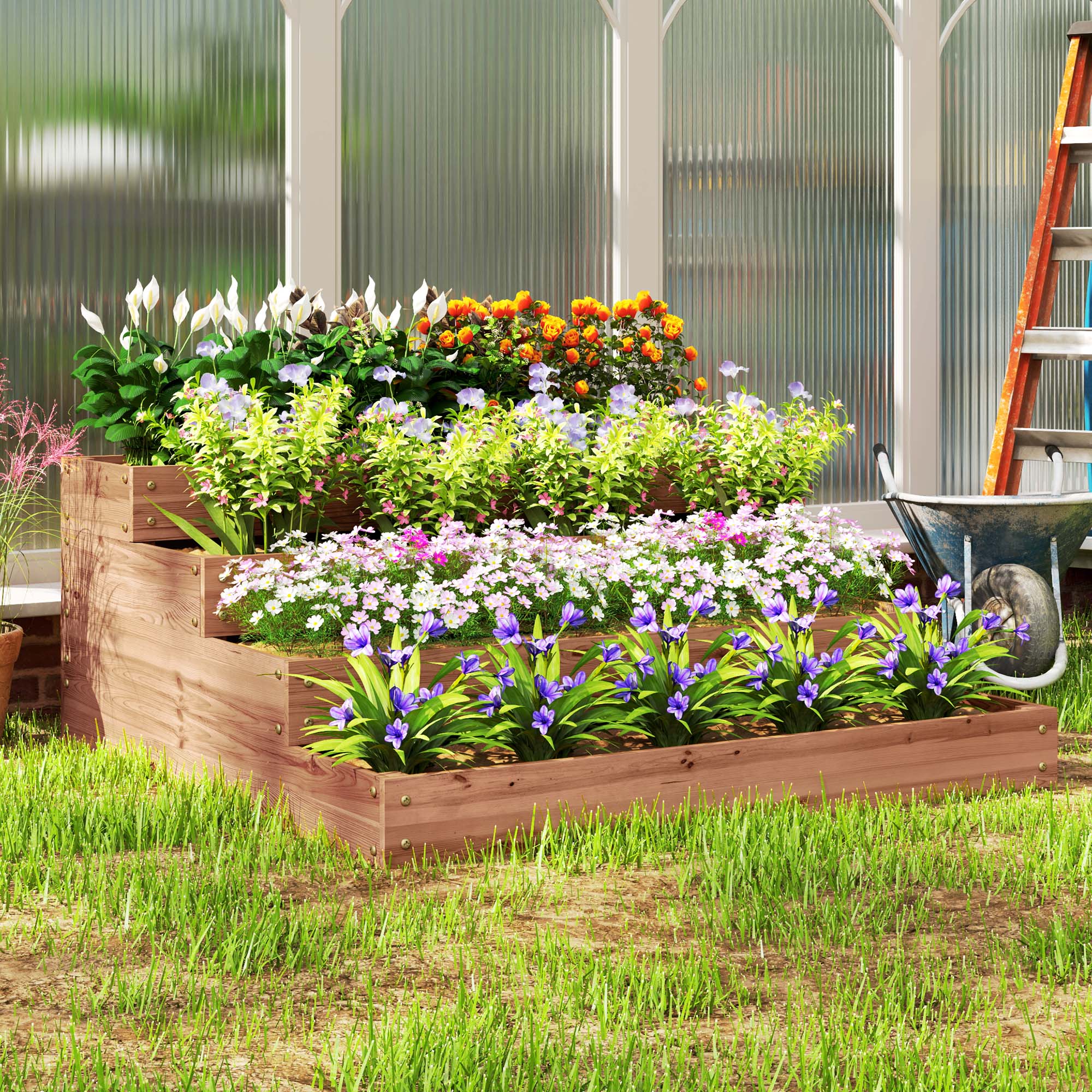  Strat inaltat de Gradina cu 4 Niveluri, Jardiniera de Balcon cu Baza Deschisa si Captuseala, 113x113x46 cm, Maro [6]