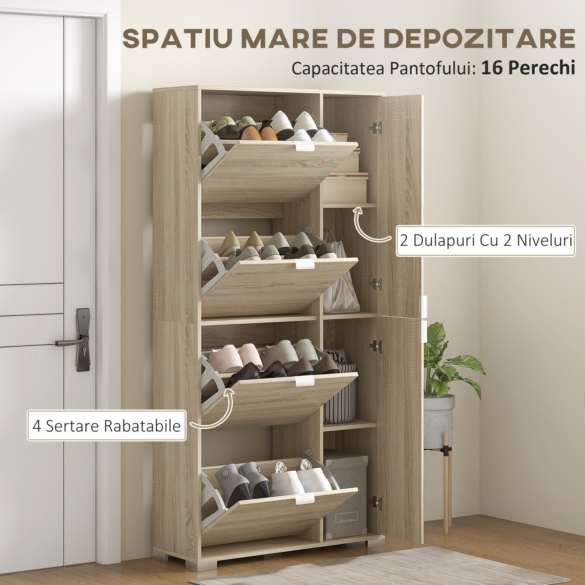  Etajera pentru Pantofi cu Oglinda, 4 Sertare Rabatabile si 2 Dulapuri, 82x30x168 cm, Culoare Stejar [4]