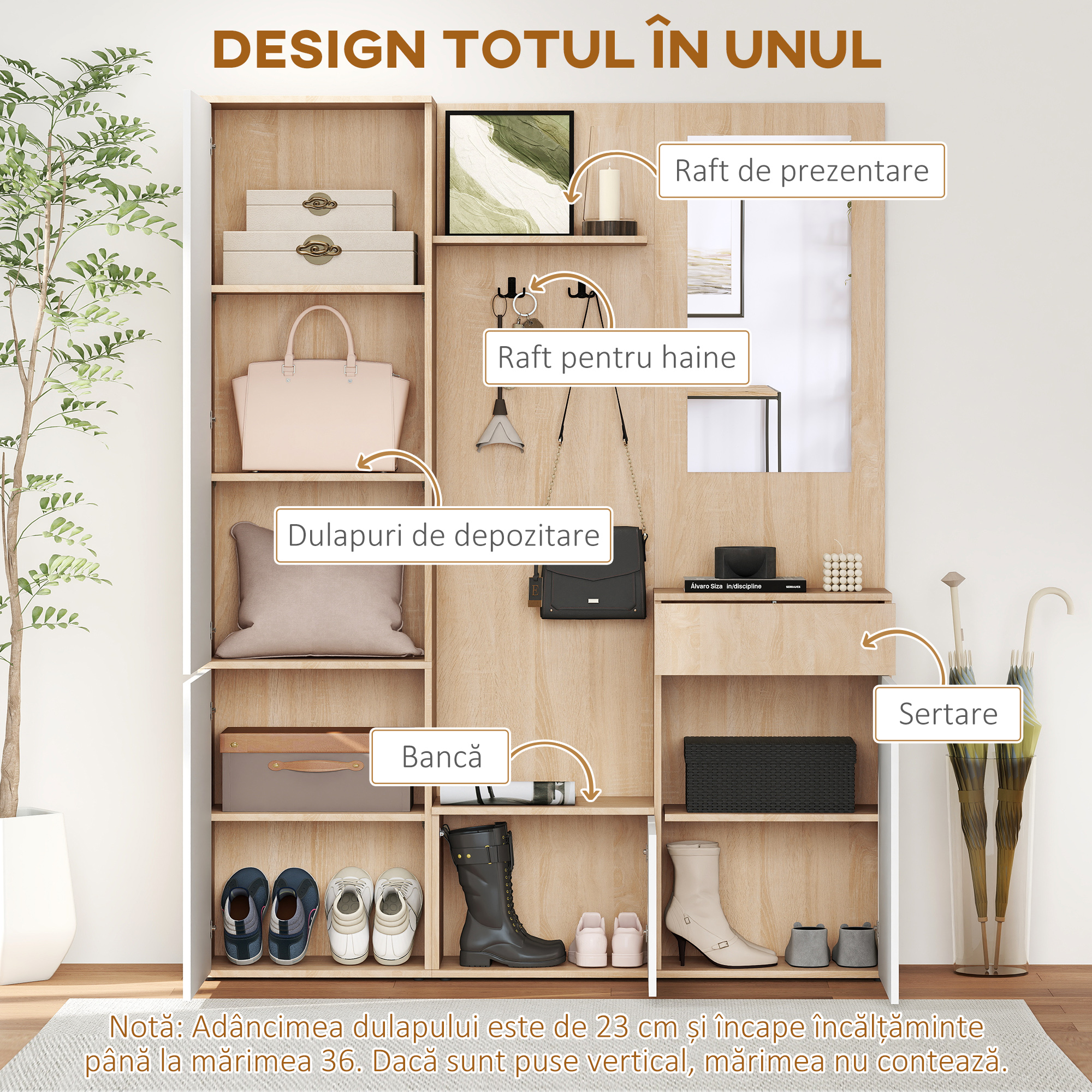  Organizator Intrare cu Oglinda, Montaj Fara Gauri si Sistem Anti-inclinare, Design Robust, 145 x 29 x 184 cm [3]