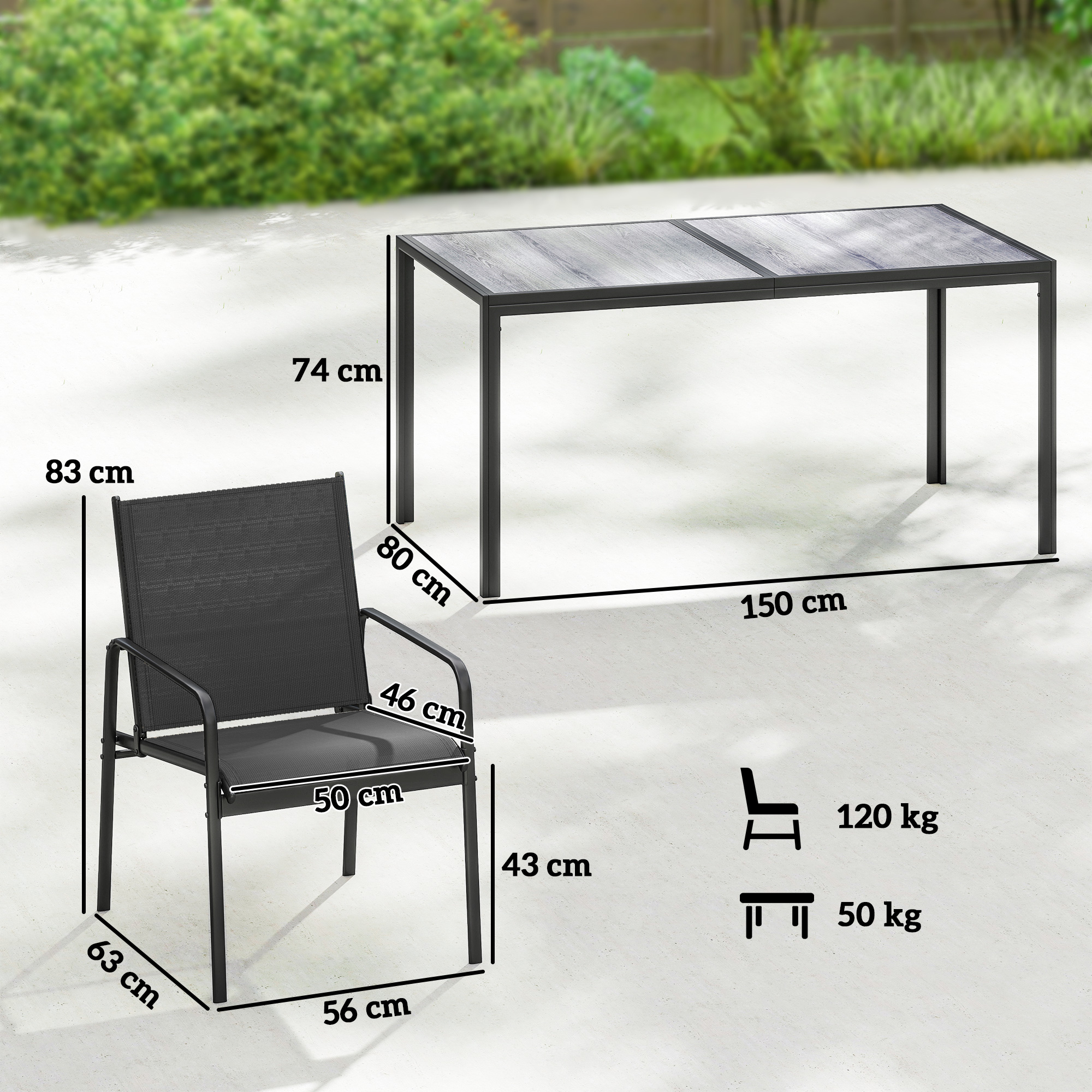  Set de Pranz pentru Exterior, 7 Piese pentru 6 Persoane, Masa cu Efect de Lemn si Scaune cu sezut Respirabil, Set Mobilier de Gradina cu Cadru din Otel Galvanizat, Negru [2]