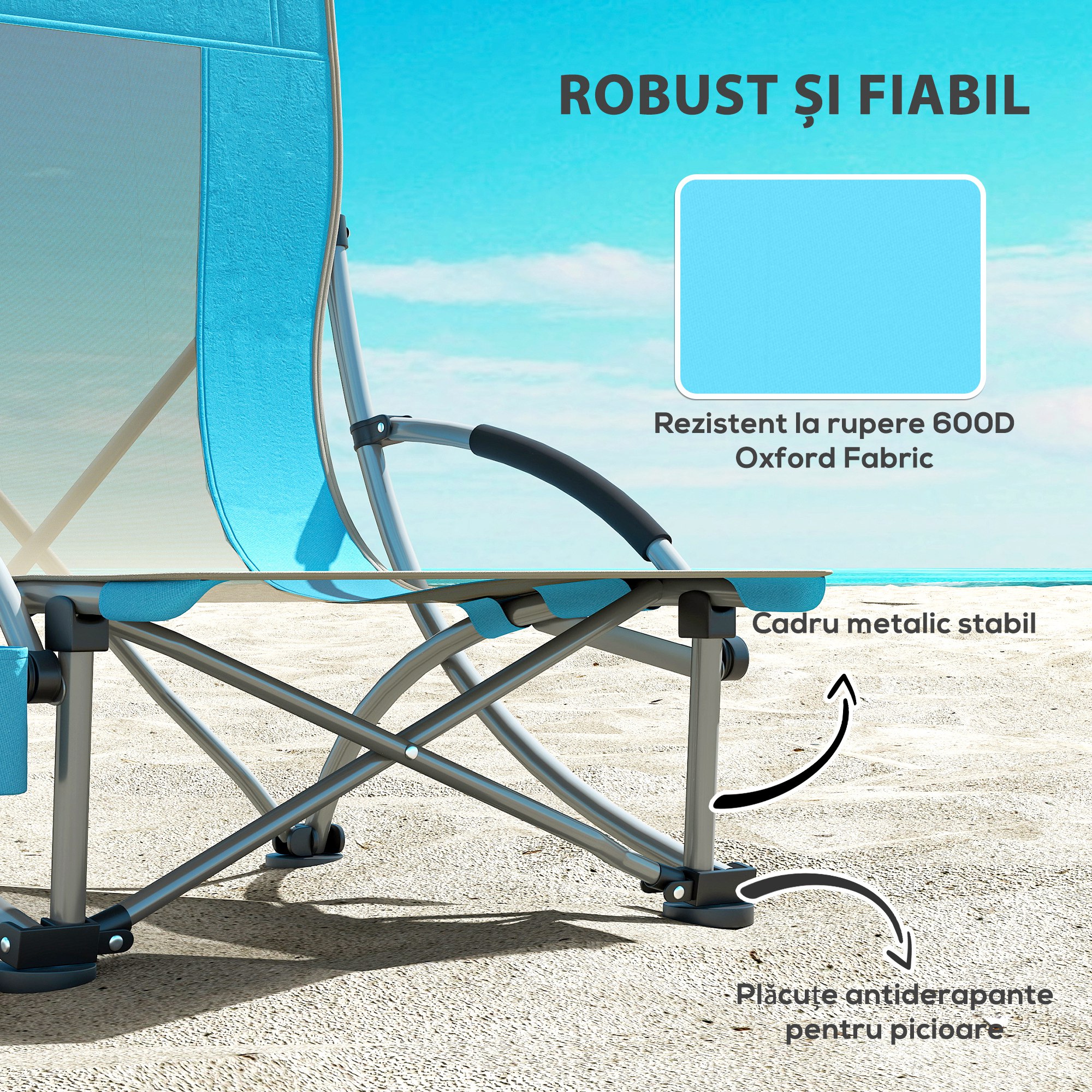  Set de 2 Scaune Pliabile de Plaja cu Brate si Suport de Pahar si Geanta de Transport, Albastru [6]