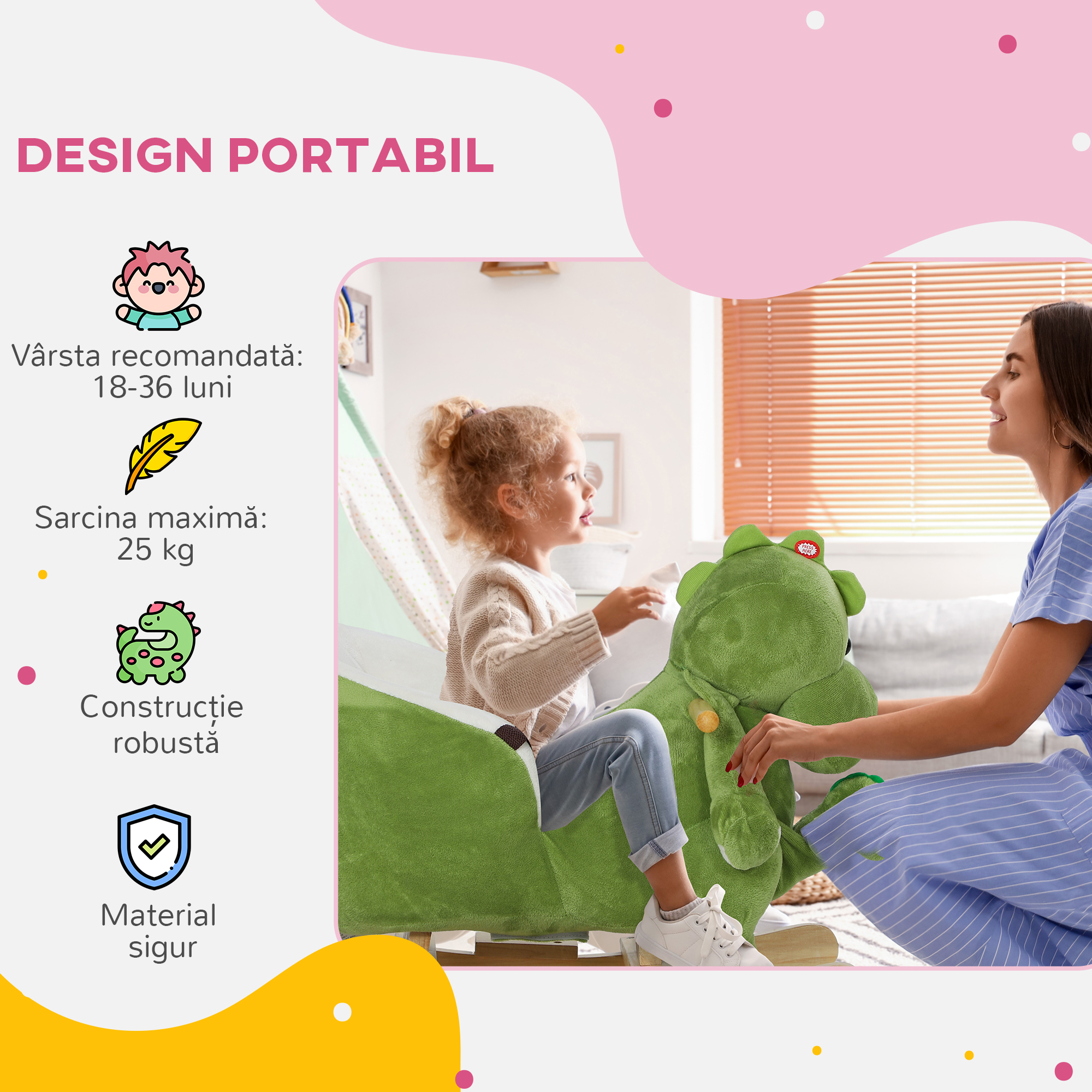  Balansoar pentru Copii 18-36 Luni in Forma de Dinozaur cu Sunete si Acoperire Moale, Verde [8]