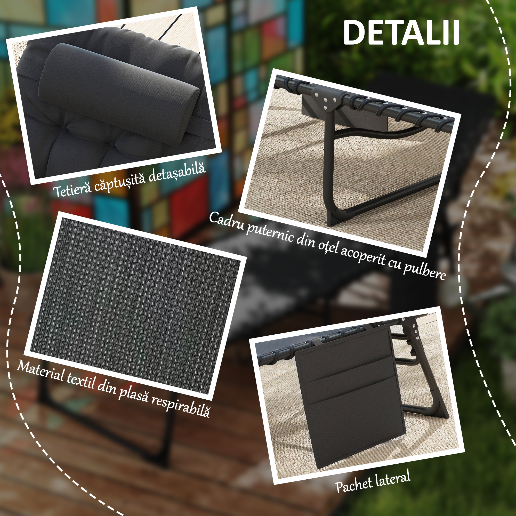  sezlong pliabil cu perna, tetiera si buzunar lateral, 58x189x32,5 cm, negru [5]
