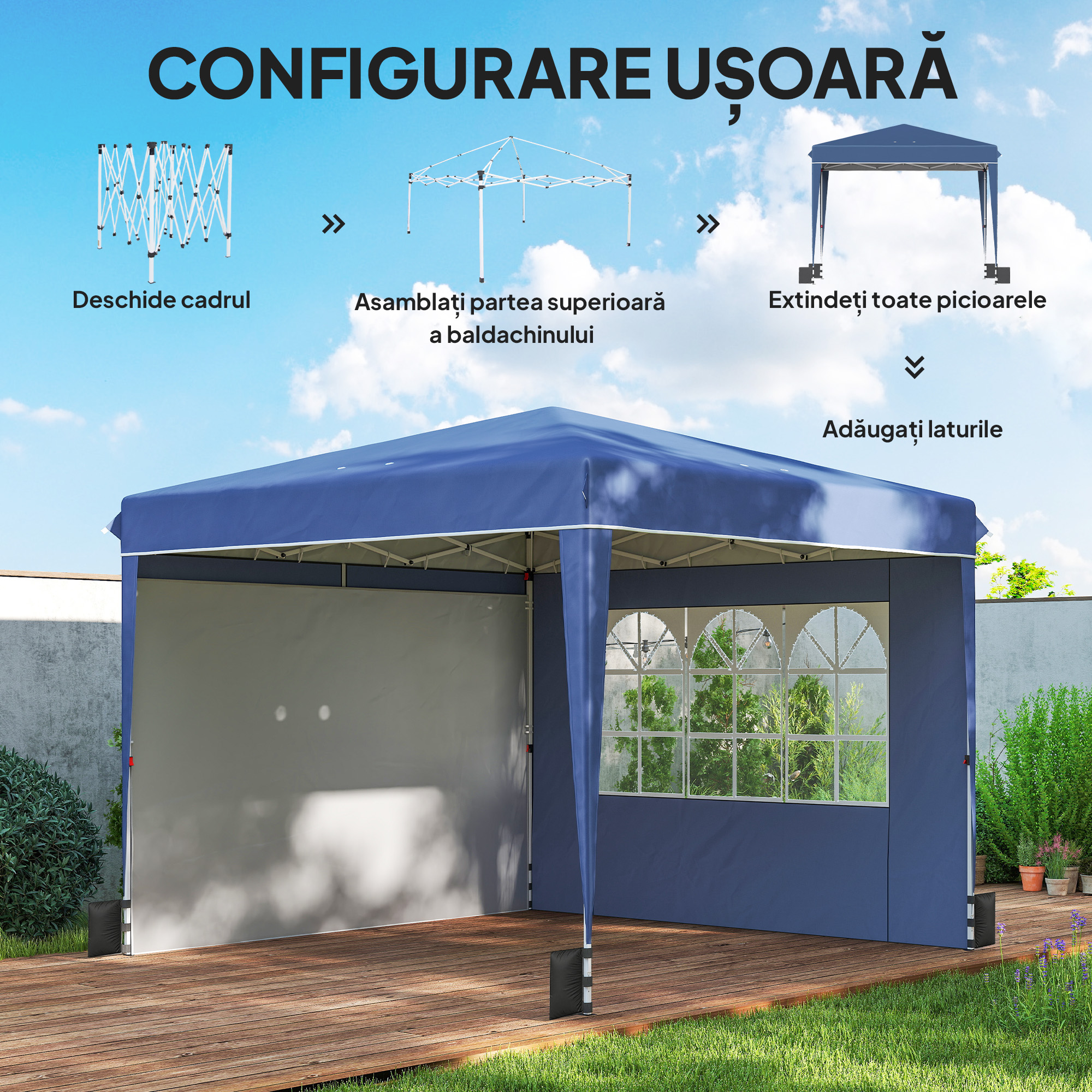  Foisor 3x3 m Pliabil Pop Up cu inaltime Reglabila, Foisor de Gradina cu Pereti Laterali, Saci de Nisip, Geanta de Transport, UV50+, pentru Exterior, Camping, Petreceri, Albastru inchis [6]