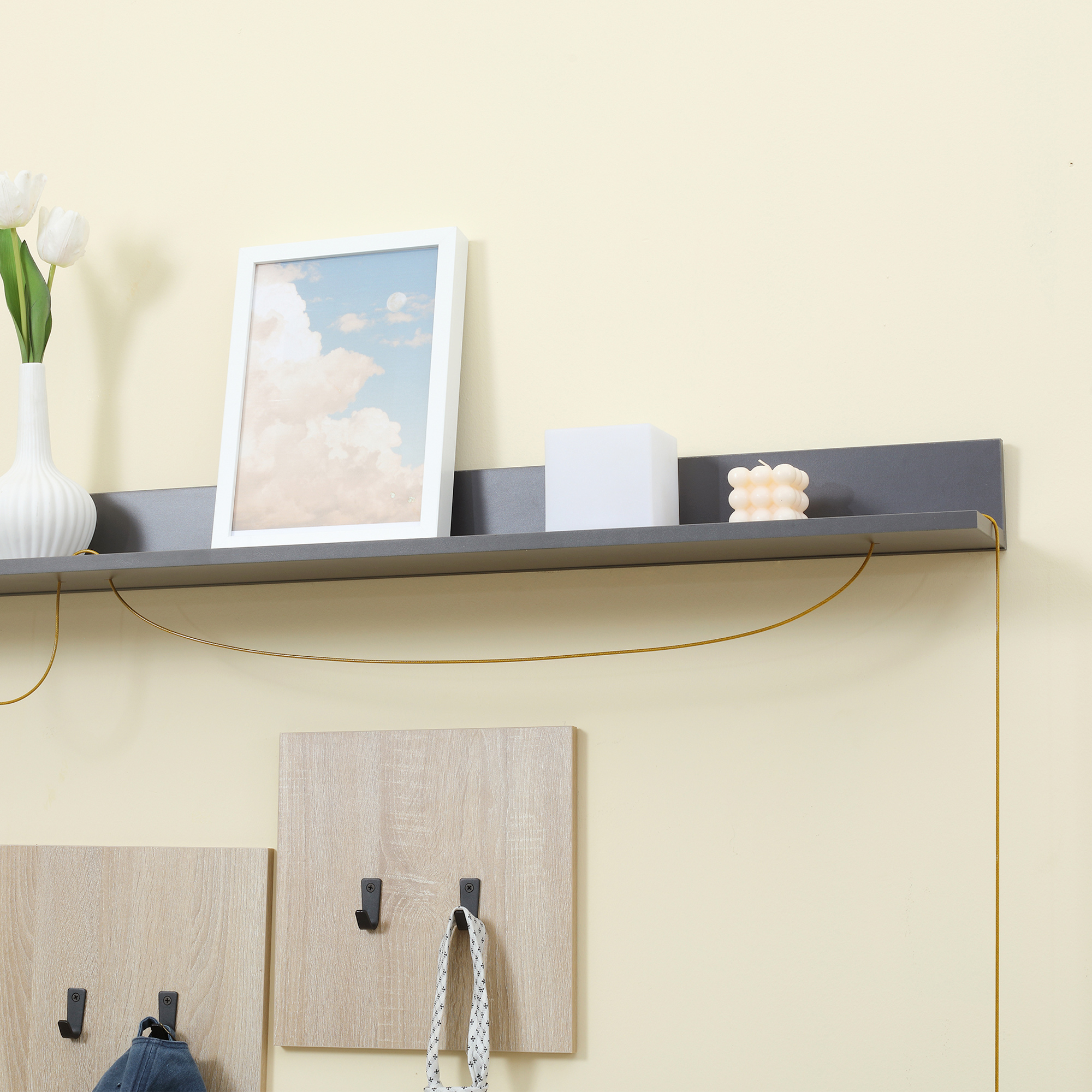  Organizator de intrare cu banca de pantofi, cuier pentru hol cu suport pentru haine si raft, gri si natural [7]