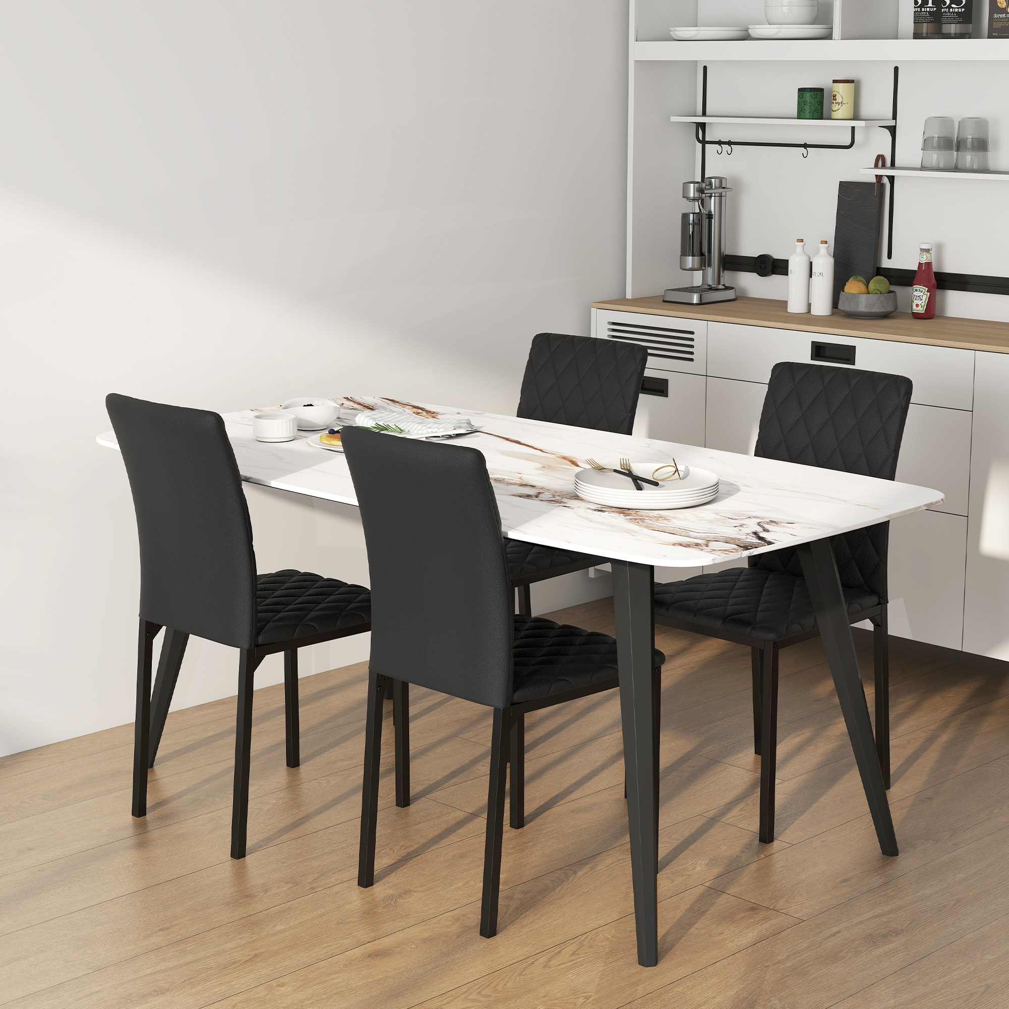  Set de 4 scaune pentru dining din piele sintetica cu cusaturi romboidale si picioare din metal, negru [6]