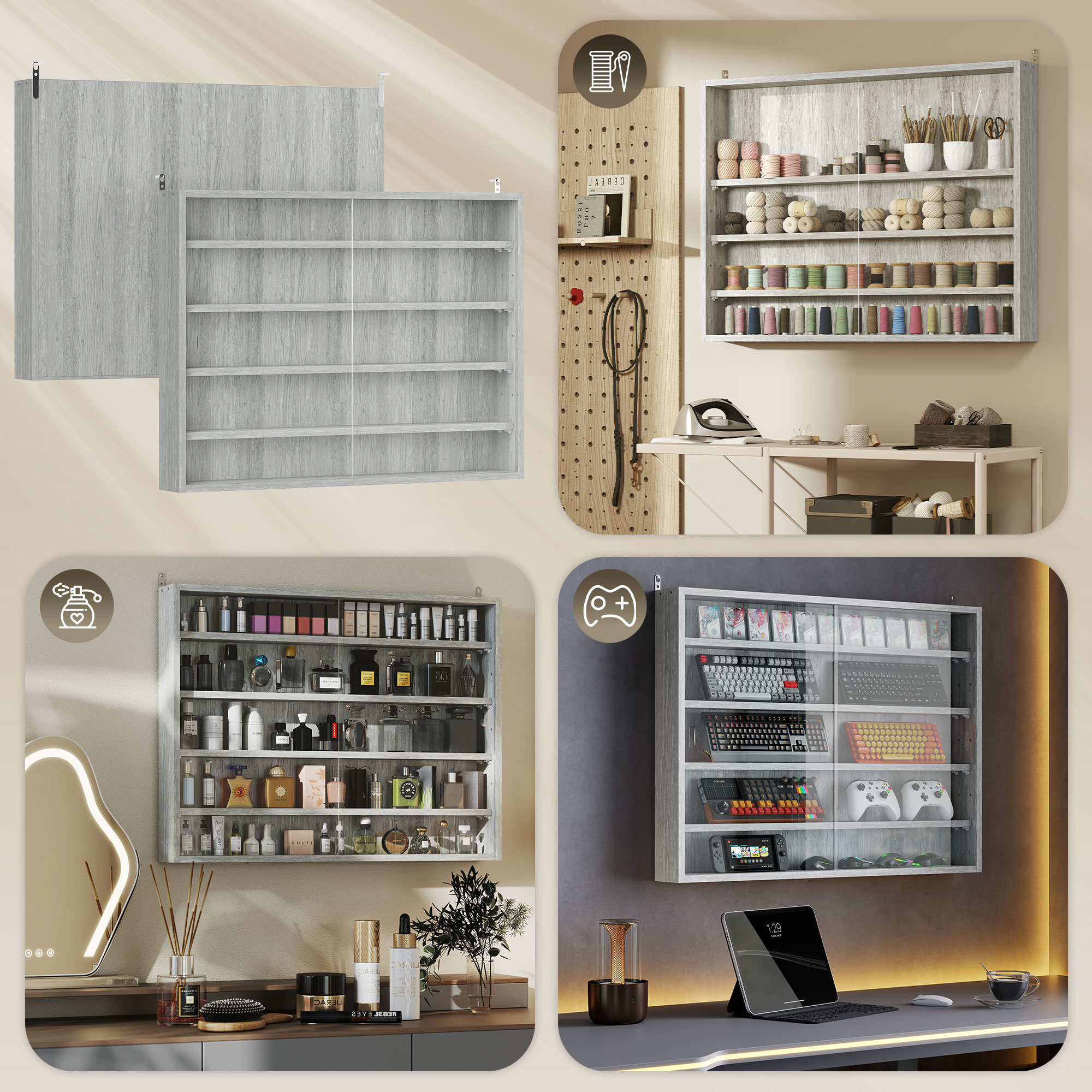  Dulap Tip Vitrina de Expozitie cu Rafturi Reglabile, Montata pe Perete, Negru [6]