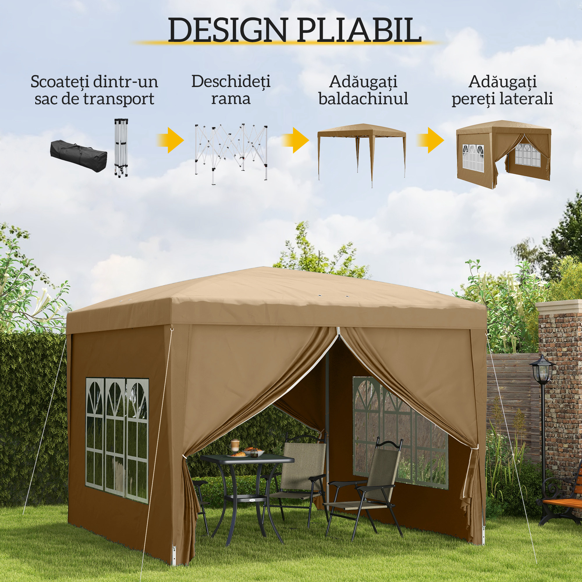 Foisor de gradina pliabil  din otel si tesatura Oxford cu funii si cuie incluse, 2,95x2,95x2,58 m, alb [3]