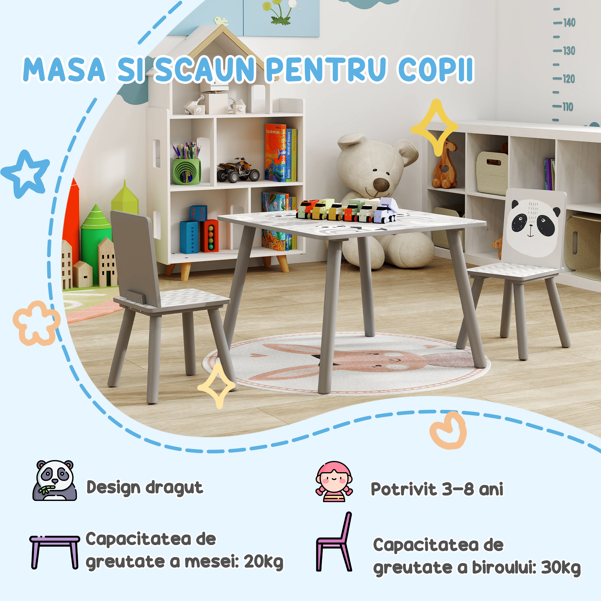  Set Masa si 2 Scaune pentru Copii de 3-8 Ani cu Desene de Animale, 60x60x44 cm, Gri [6]