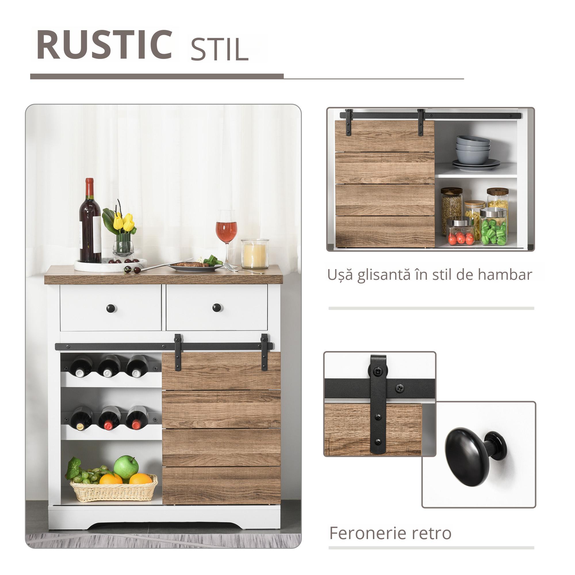  Dulap de Bucatarie Rustic cu 2 Sertare, Rafturi Deschise si Suport pentru Sticle, din Lemn si Metal, 80x39x86 cm [4]