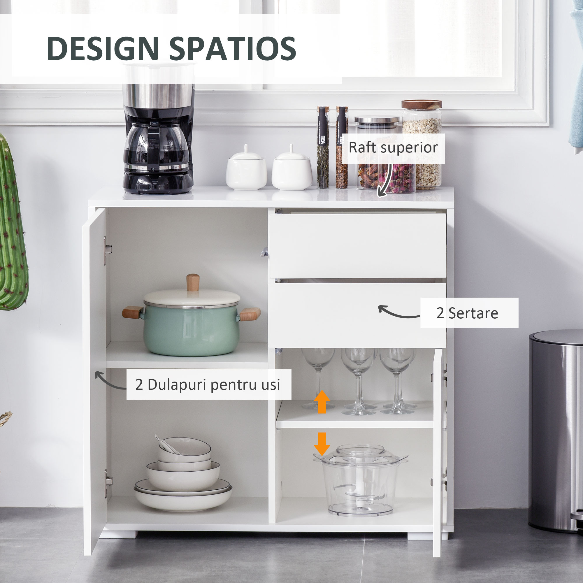  Comoda cu 2 dulapuri si 2 sertare, 79x36x74cm, alb lucios [3]