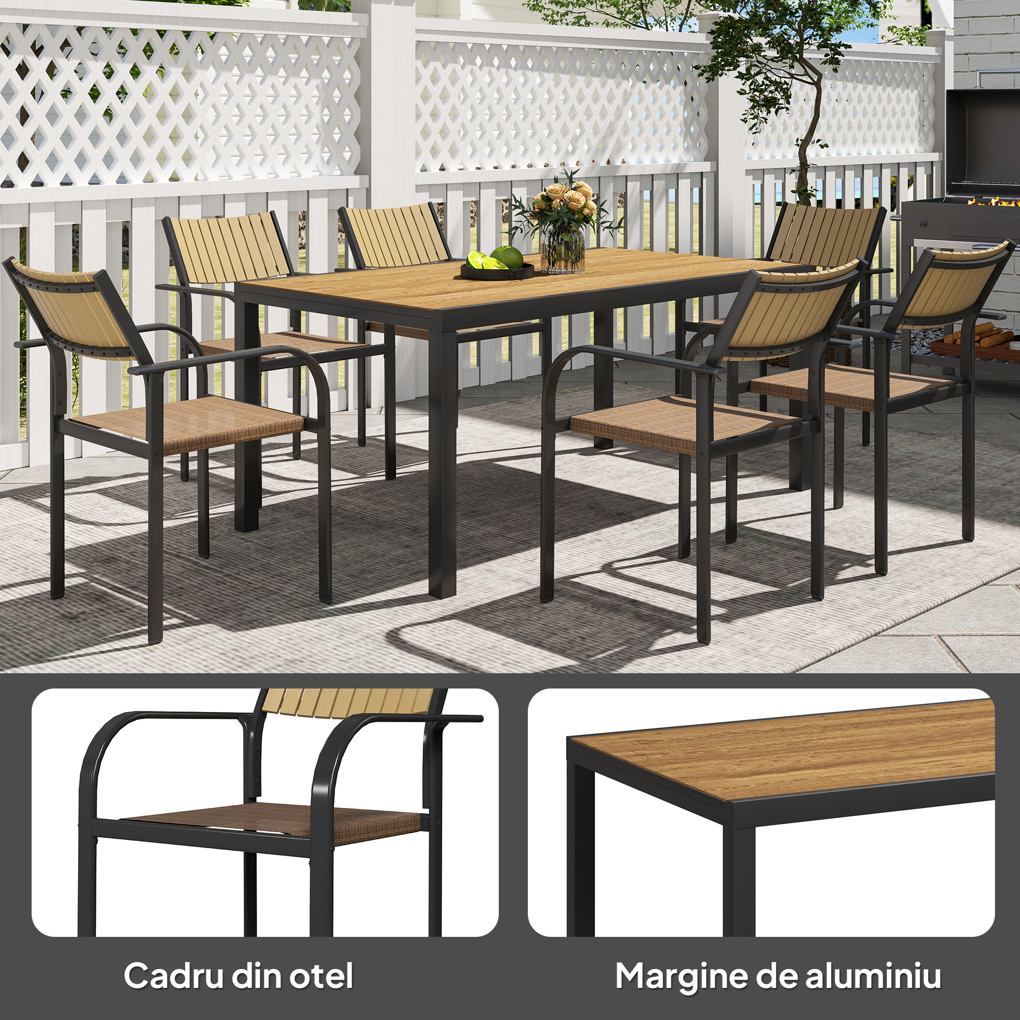  Set de Exterior din 7 Piese cu Masa Extensibila si 6 Scaune Suprapozabile, 160/240x90x74 cm, Maro [7]