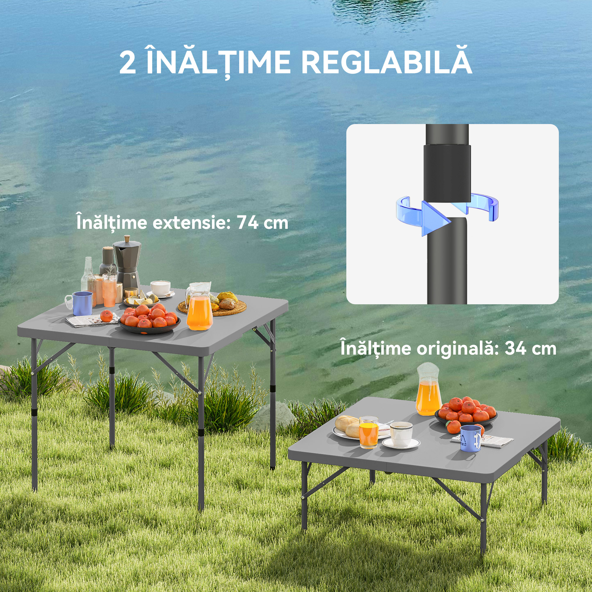  Masa de Camping Pliabila cu 2 inaltimi Reglabile, 86x86x74 cm, Alb [5]