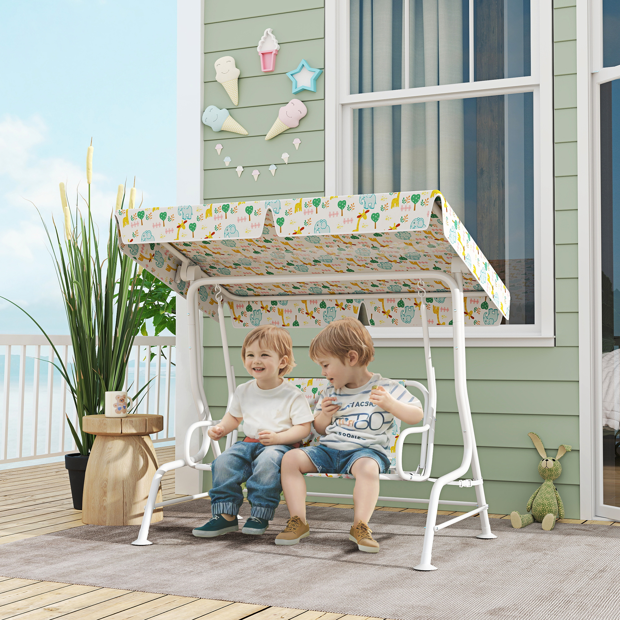  Leagan pentru Copii de Exterior cu 2 Locuri, Acoperis Reglabil si Centuri de Siguranta, 112x75x120 cm, Alb [1]