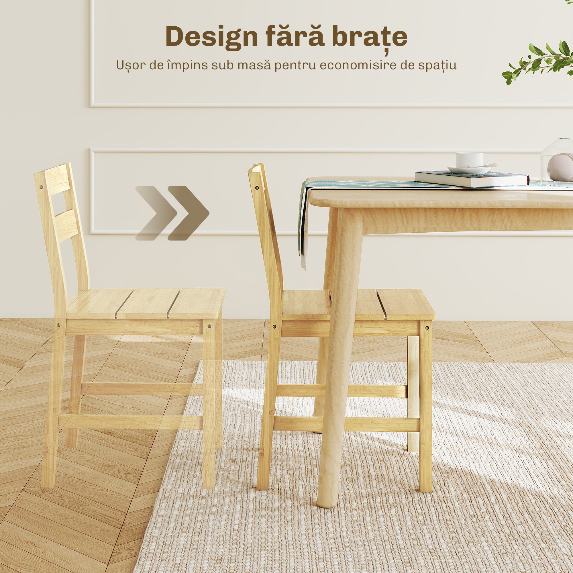  Set de 2 Scaune de Masa din Bambus, Scaune de Bucatarie cu Spatar Curbat, sezut cu Lamele, Scaun pentru Bucatarie, Dormitor, Living, Culoare Naturala [5]