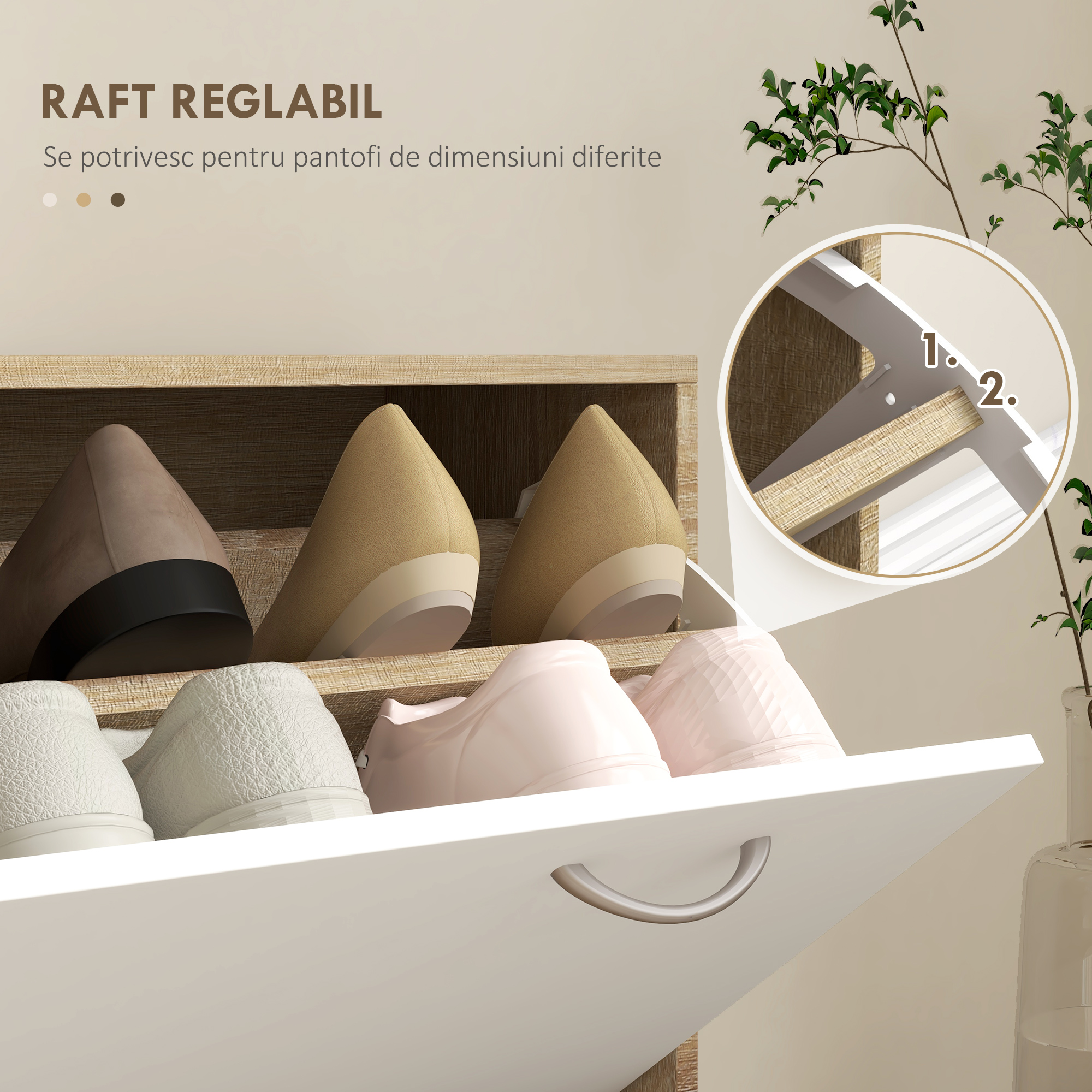  Set de Mobilier pentru Hol cu Raft pentru Pantofi, Oglinda si 2 rafturi Reglabile, 90x24x177 cm, Lemn Natural [5]