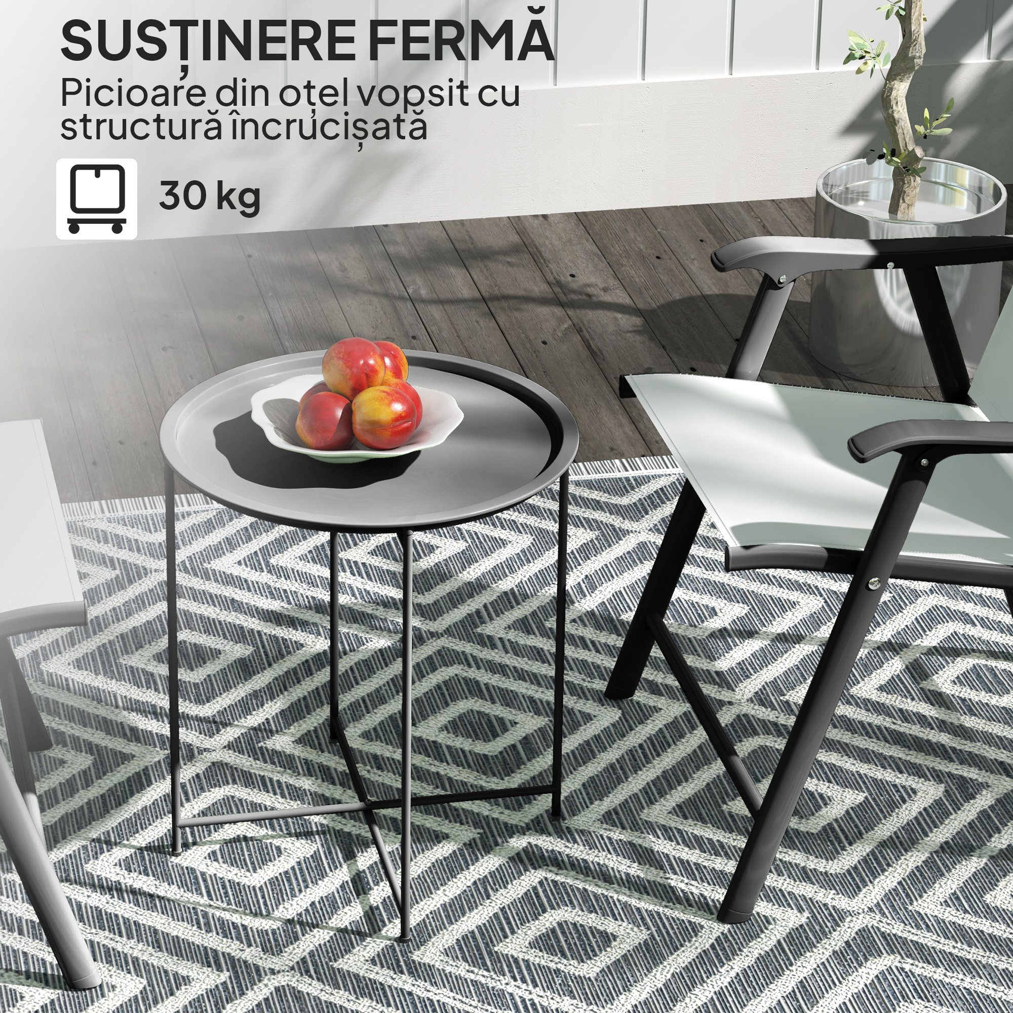  Masuta de gradina cu tava detasabila si picioare pliabile din otel, Ø46x50 cm, negru [4]